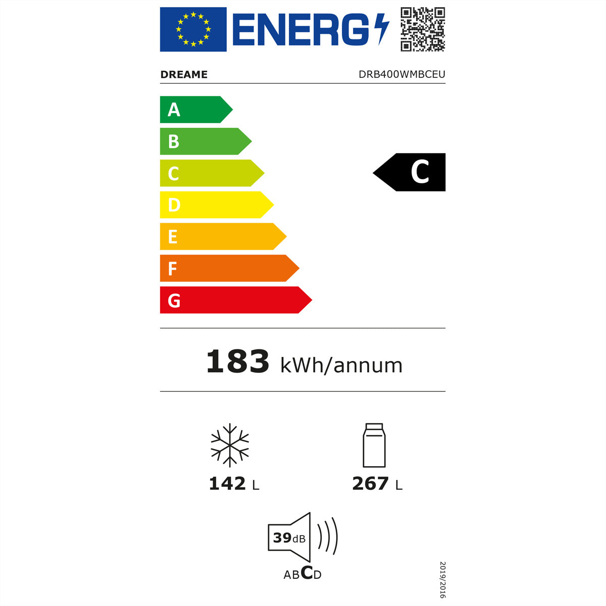 Dreame Kühl-Gefrierkombination DRB400WMBCCH – 409 l, 230 V, Kompressor (Inverter), Energieeffizienzklasse C
