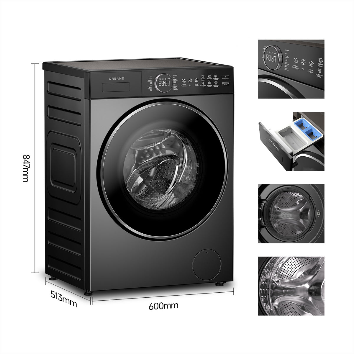 Dreame Waschmaschine DWF09M70DAEU – 8 kg, 1400 U/min, Energieklasse A – schwarz