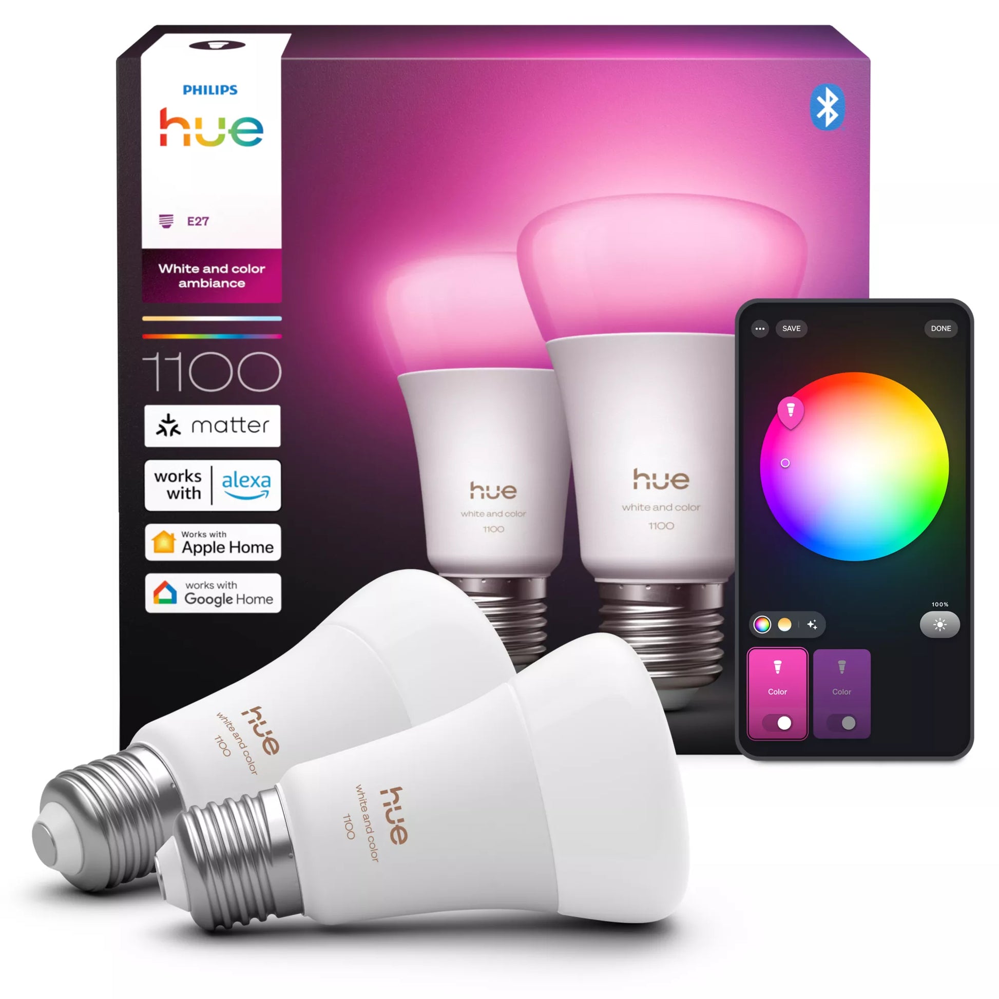 Philips by Signify Philips Hue Smart-Leuchtmittel E27 Weiss & Farbambiente – 1100 lm, mehrfarbig, App-Steuerung, dimmbar – 2er-Pack