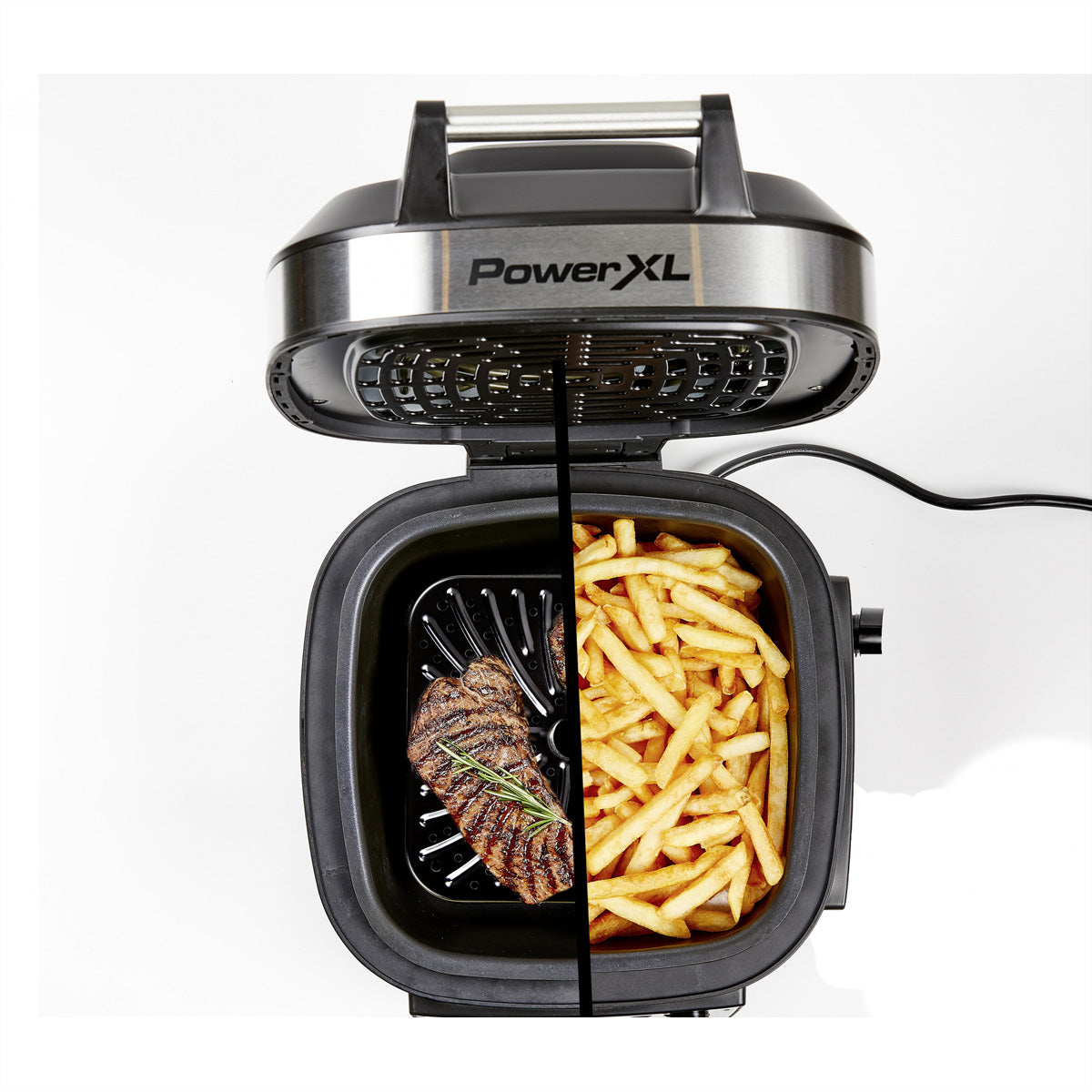Mediashopping PowerXL Multikocher 12-in-1 – 5,7 l, Heissluftfritteuse & Grill, 1300 W – Schwarz/Edelstahl