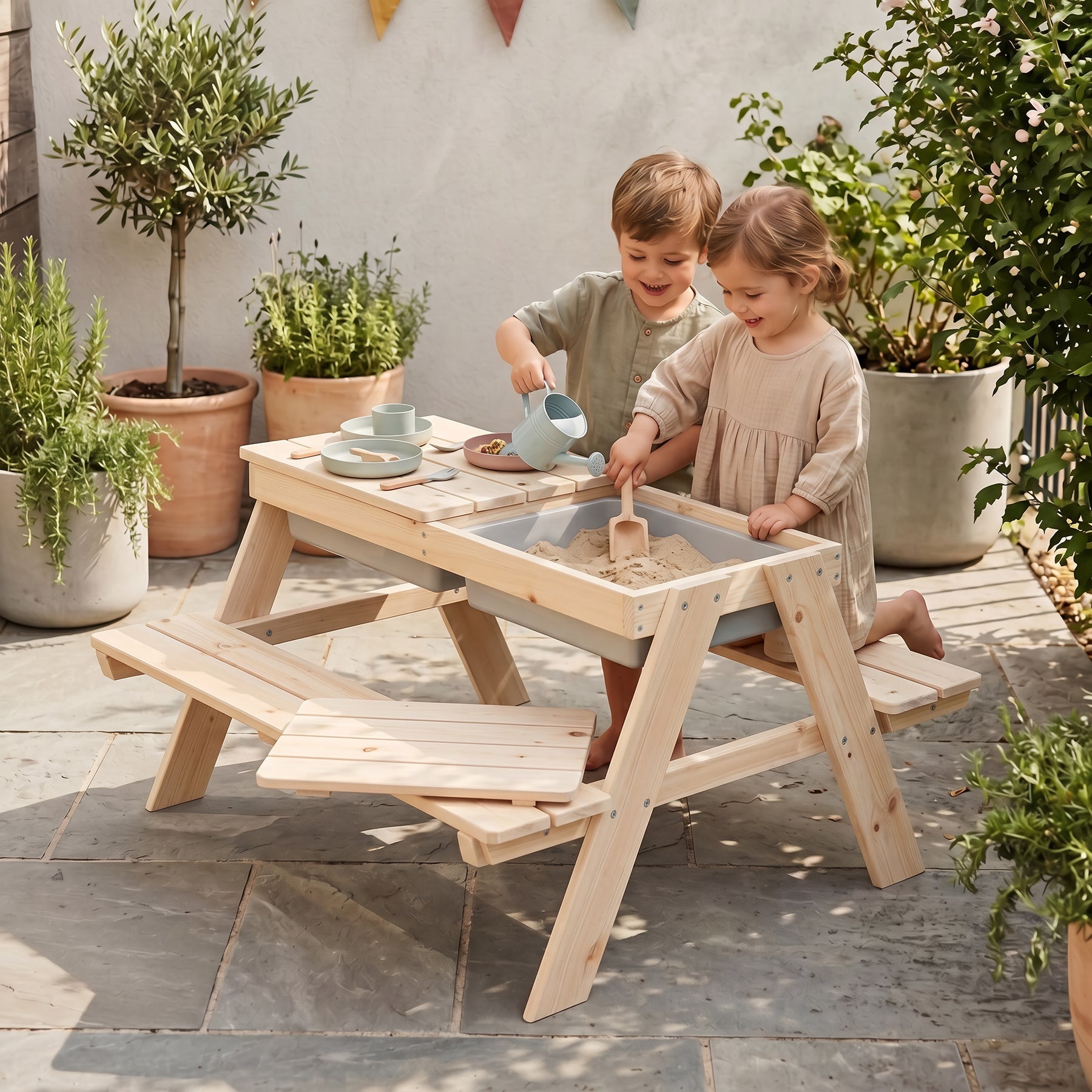 Roba Kinderstuhl 456002NU – 89 × 85,5 × 50 cm – Kunststoff & Massivholz – Holzfarbe/Grau – mit Spielwannen