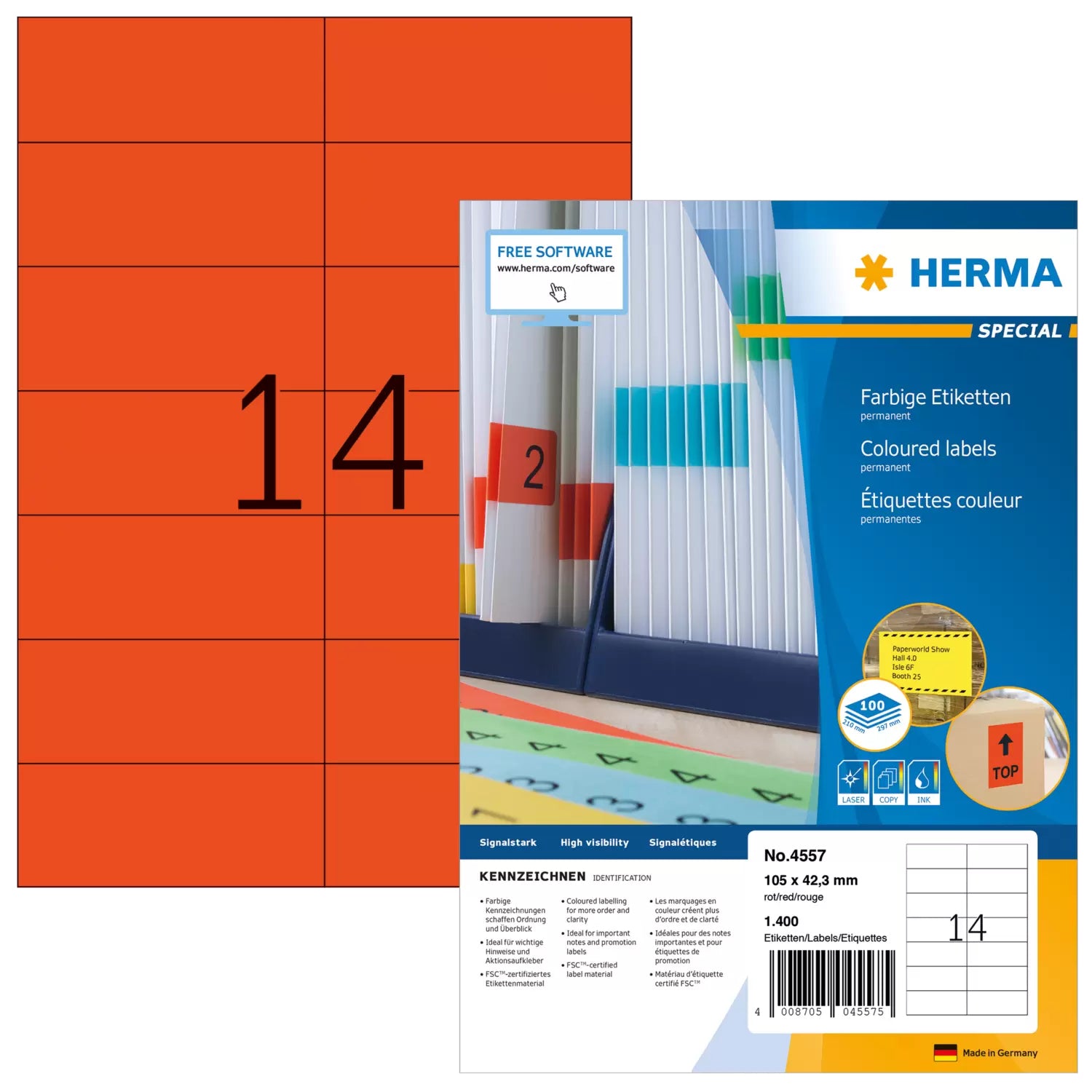 HERMA 4557 – Etiketten A4 105 × 42 mm – Papier, matt, rot – permanent haftend – Laser/Inkjet – 100 Blätter