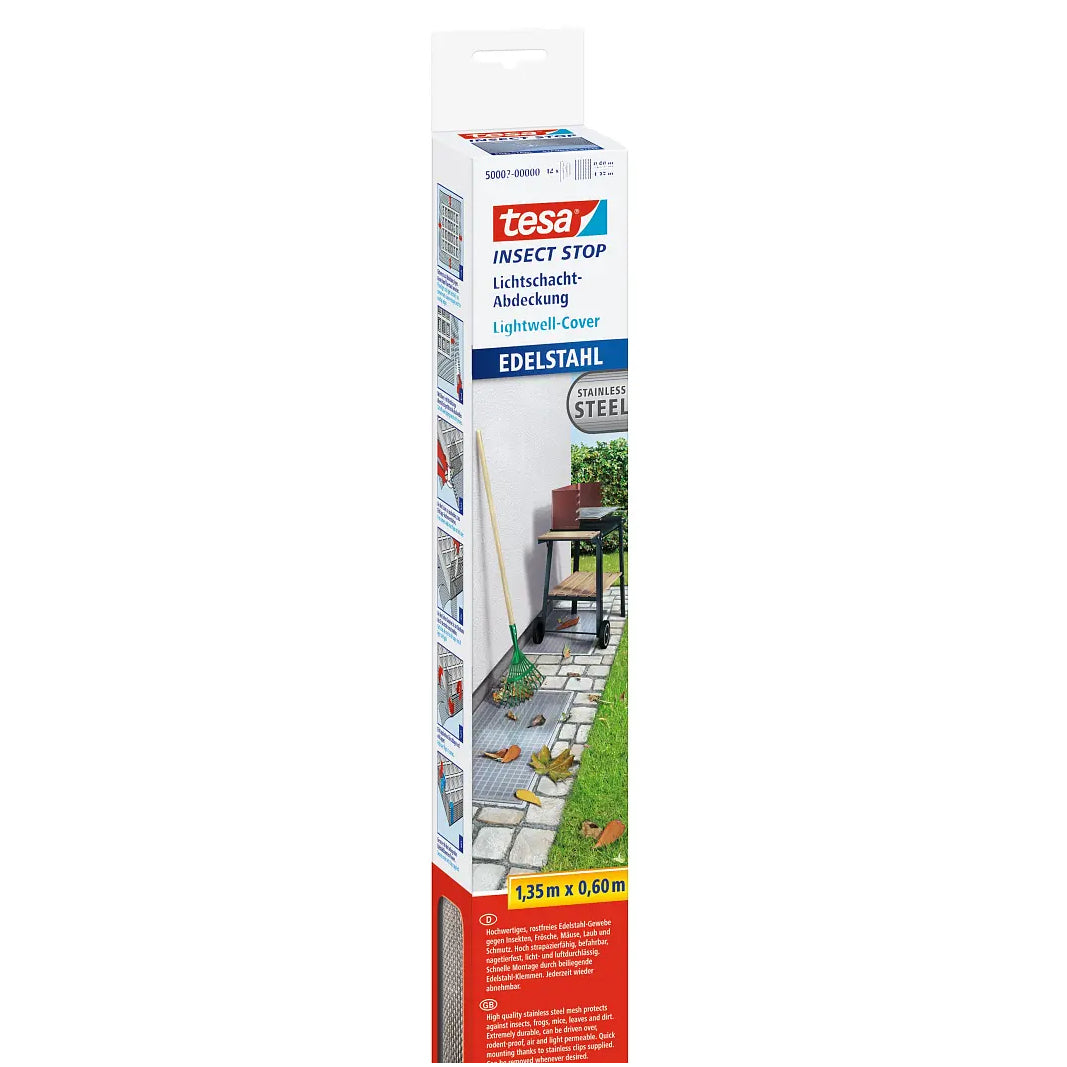 Tesa IS Lightwell Steel Fenster-Fliegengitter – 135 × 60 cm – transparent – Edelstahl – für Fenster