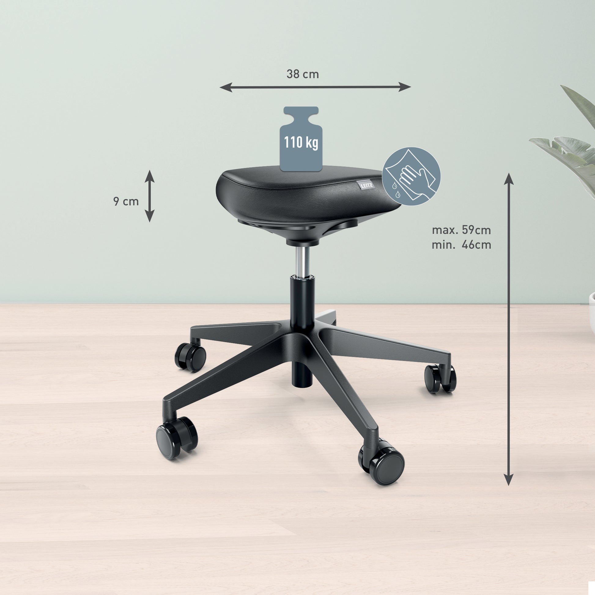 Leitz Hocker Ergo – Sitzhöhe 46–59 cm, 110 kg, schwarz
