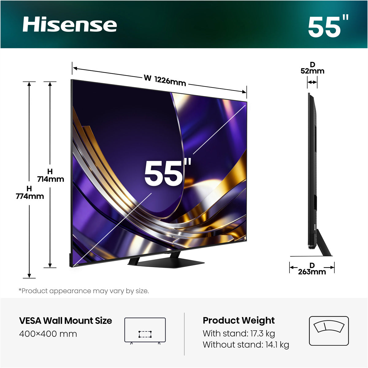 Hisense 55U7DS PRO – 55" TV – 4K UHD – Mini-LED – VIDAA – 165 Hz – 3000 cd/m² – Dolby Vision IQ, HDR10+