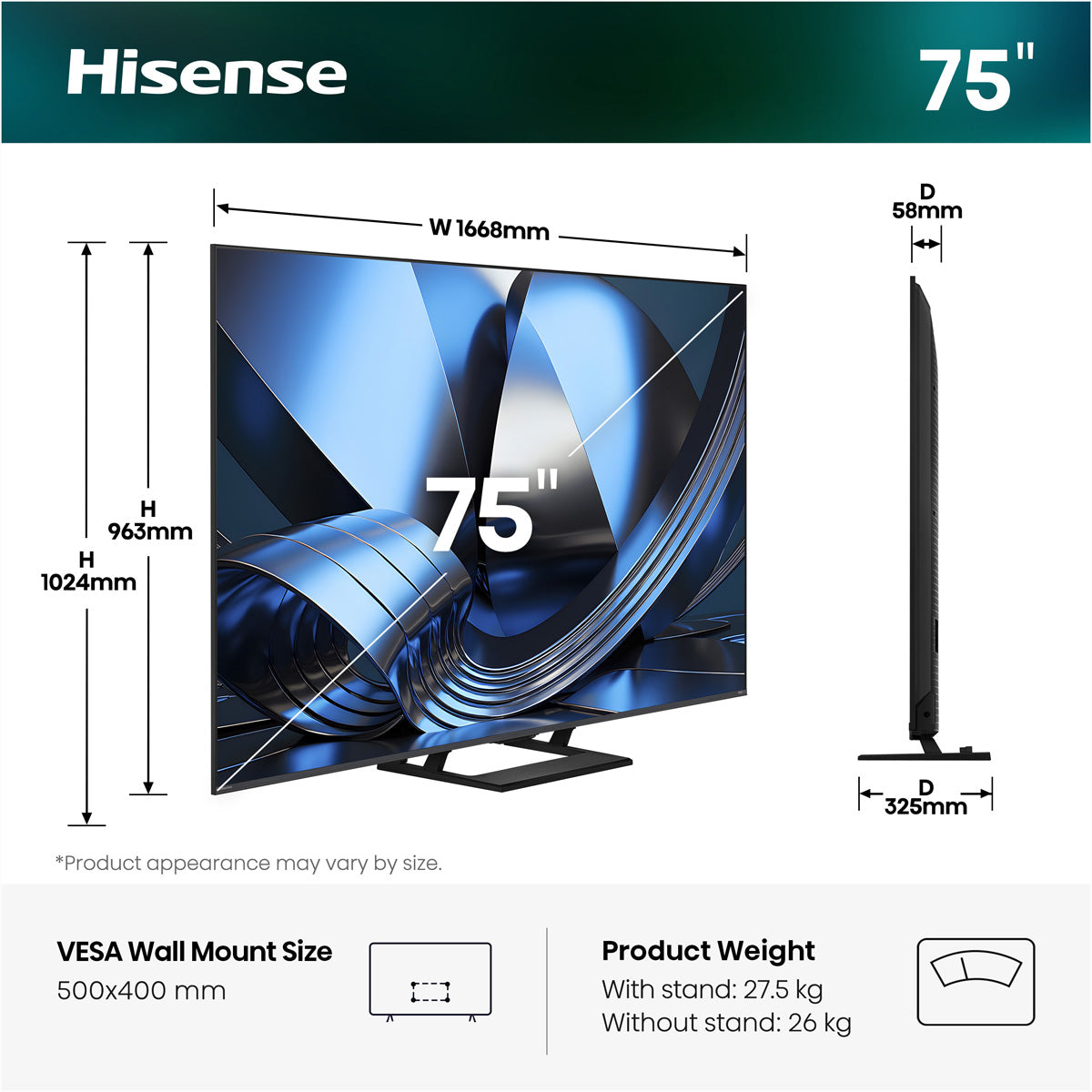 Hisense 75U7DSE – 75" TV – 4K UHD – Mini-LED – VIDAA – 144 Hz – Dolby Vision, HDR10+