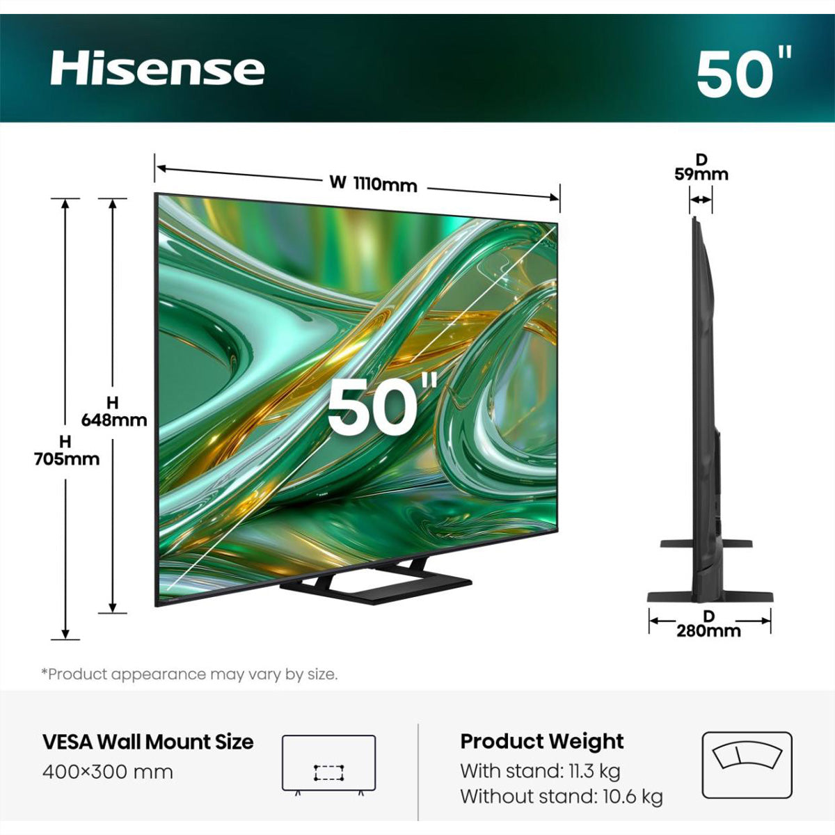 Hisense 50E8S – 50" TV – 4K UHD – QLED, Mini-LED – HomeOS U9 – 144 Hz – 500 cd/m² – Dolby Vision