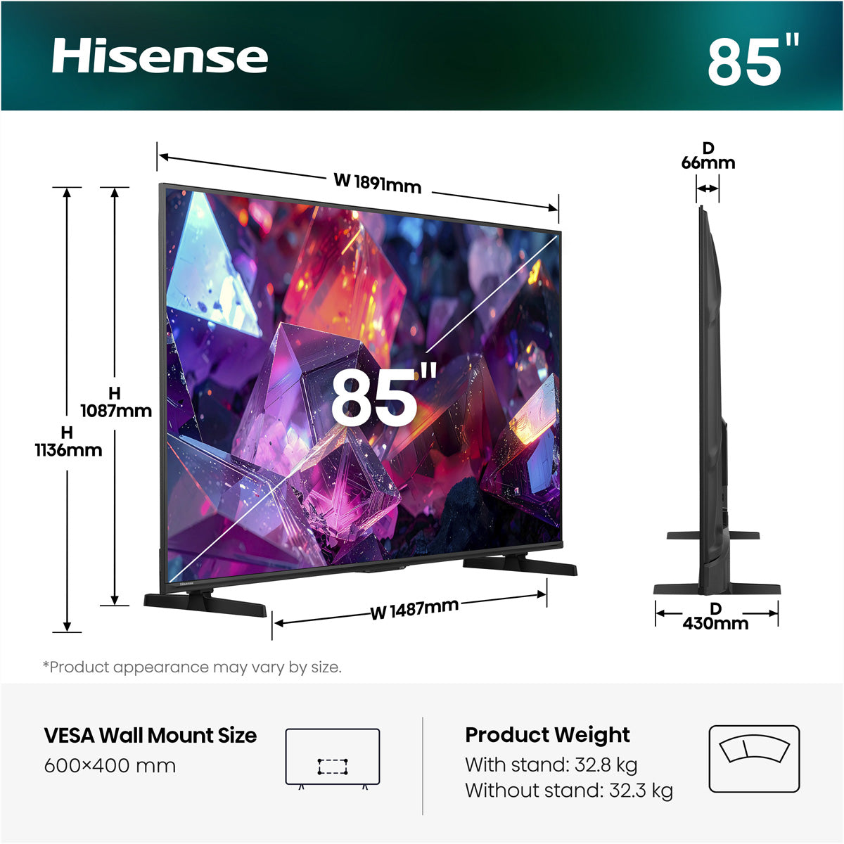 Hisense 85E7S PRO – 85" QLED Fernseher – 4K UHD – QLED – HomeOS U9 – 144 Hz – 400 cd/m² – Dolby Vision, HDR10+, HLG
