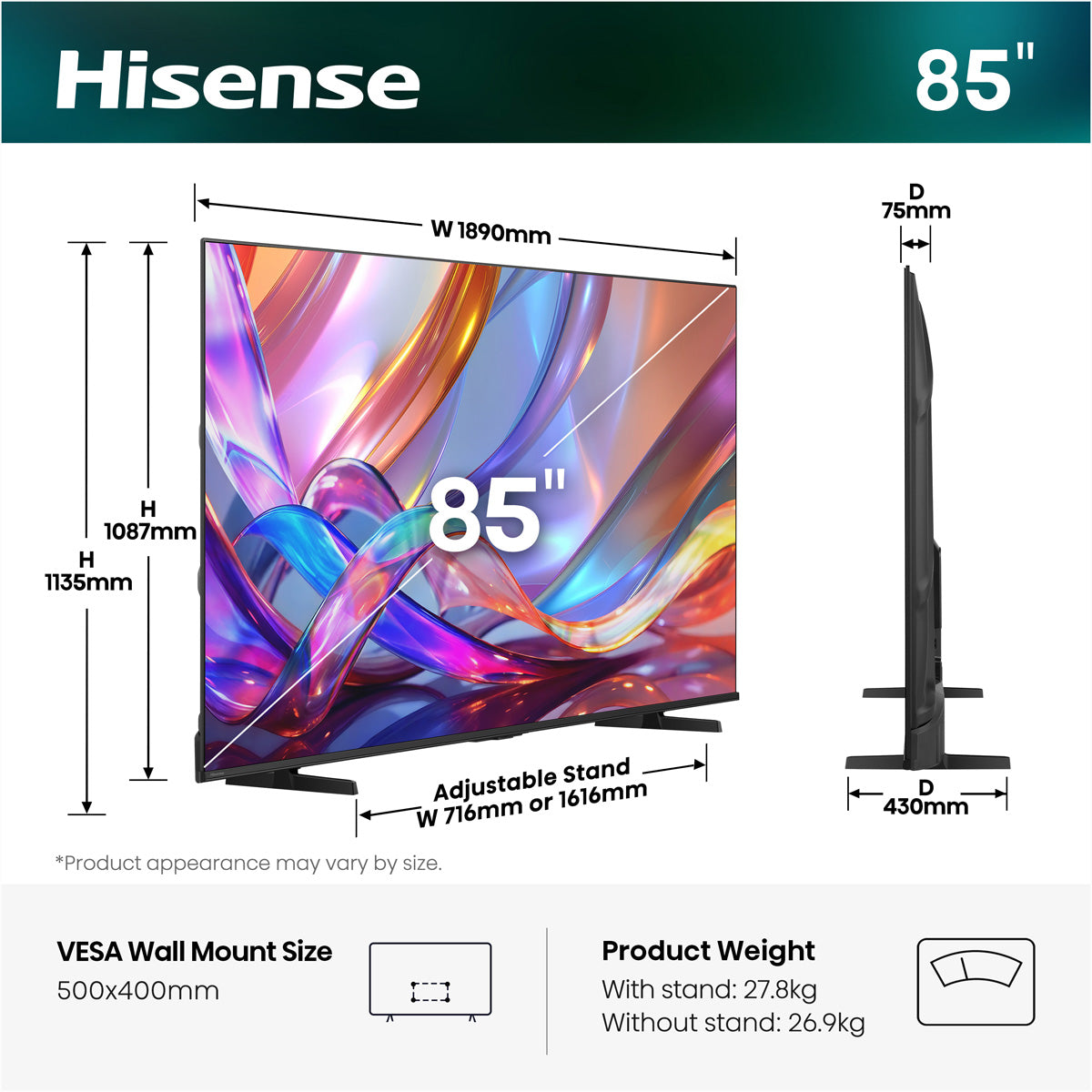 Hisense 85E7S – 85" TV – 4K UHD – QLED (VA) – HomeOS 9 – 60 Hz – Dolby Vision