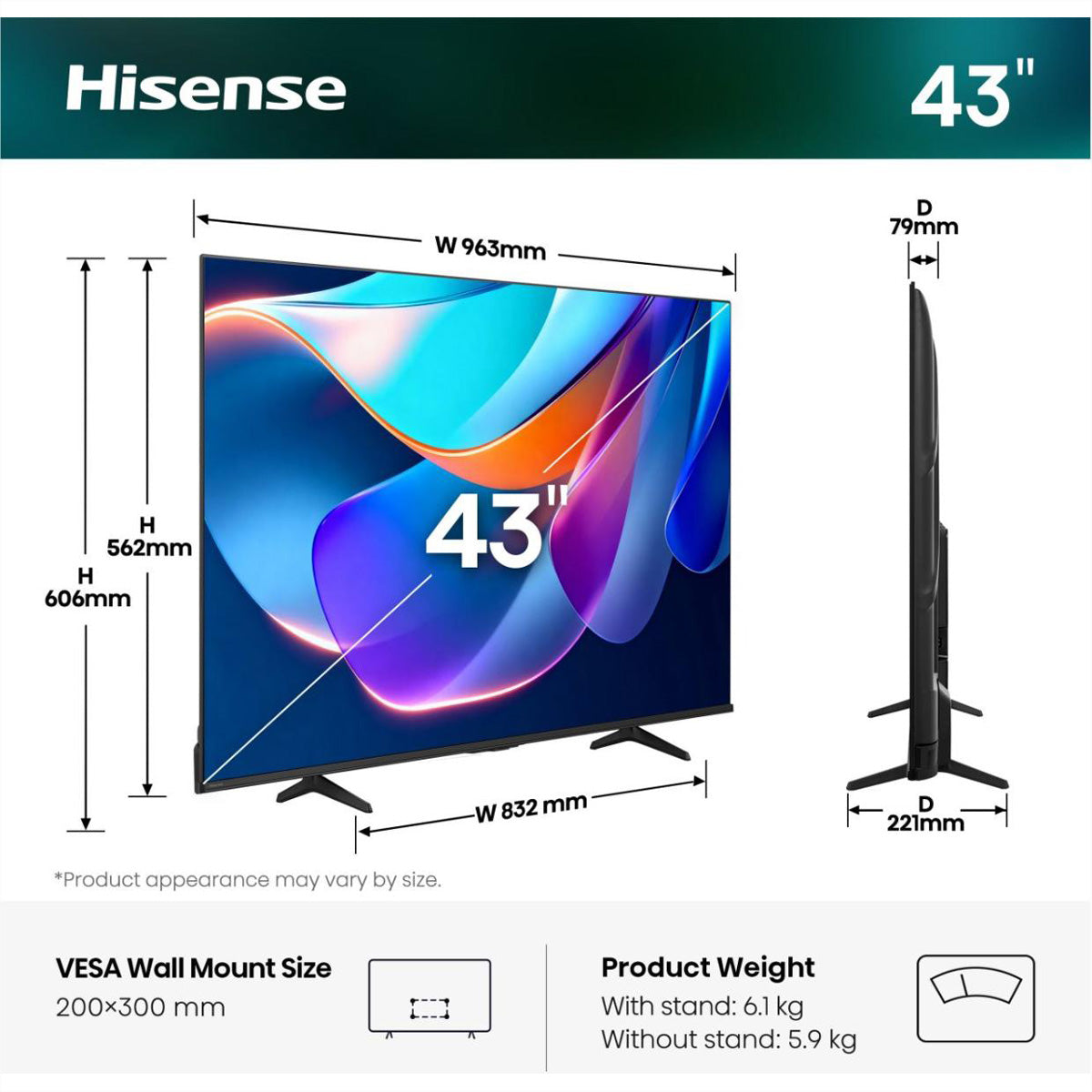 Hisense 43A6S – 43" TV – 4K UHD – LCD (Direct-LED) – VIDAA – 60 Hz – Dolby Vision