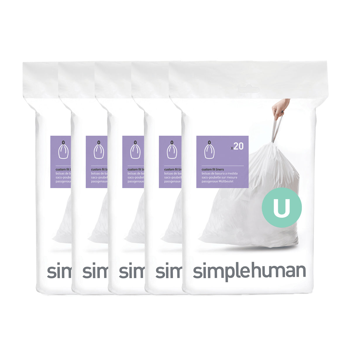 simplehuman Kehrichtsack für Code U – 55 l, mit Zugband, PE, Weiss, 939 × 673 mm, 100 Stk