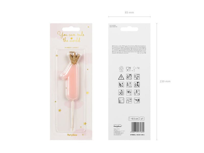 PartyDeco Geburtstagskerzen Zahl 1 – Hellrosa – 5 cm – 1 Stück