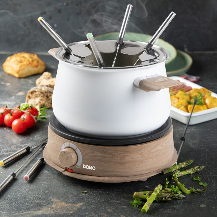 Domo Fondue-Set DO736F – Edelstahl, 2 l, 8 Gabeln, elektrisch – weiss/Holz