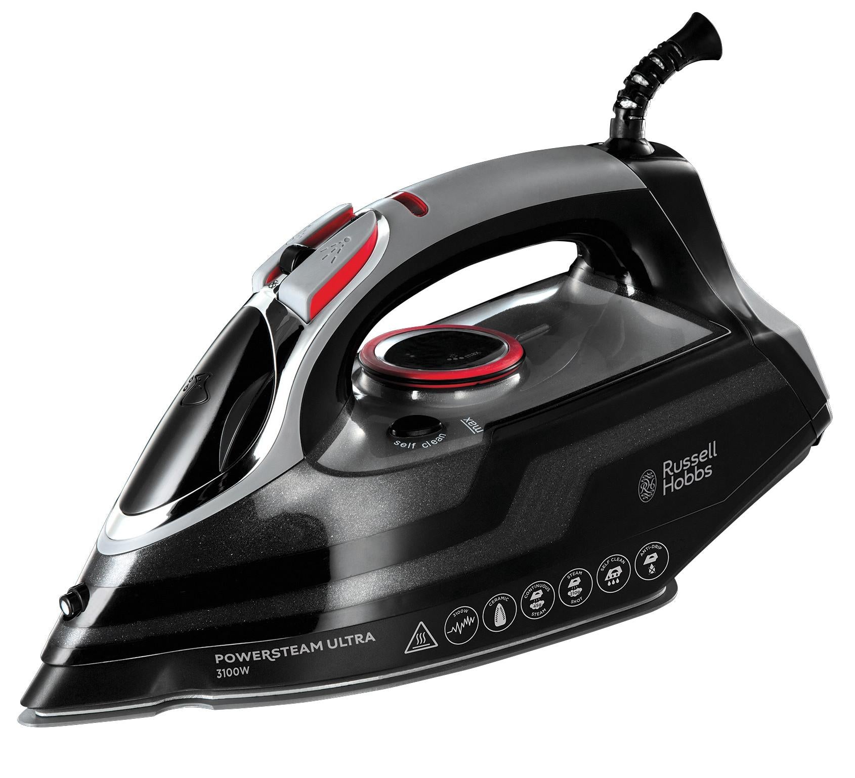 Russell Hobbs Bügeleisen 20630-56 – 3100 W, Keramik-Bügelsohle, 3 m, 210 g/min Dampfstoß, Schwarz/Grau
