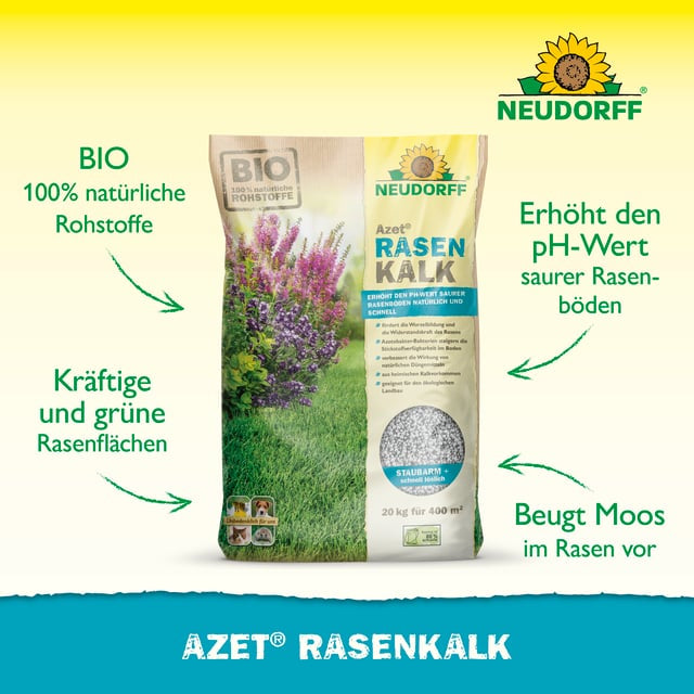 Neudorff Azet RasenKalk – Mehrnährstoffdünger, 5 kg, Granulat, Bio, ausreichend für 100 m², für Rasengras