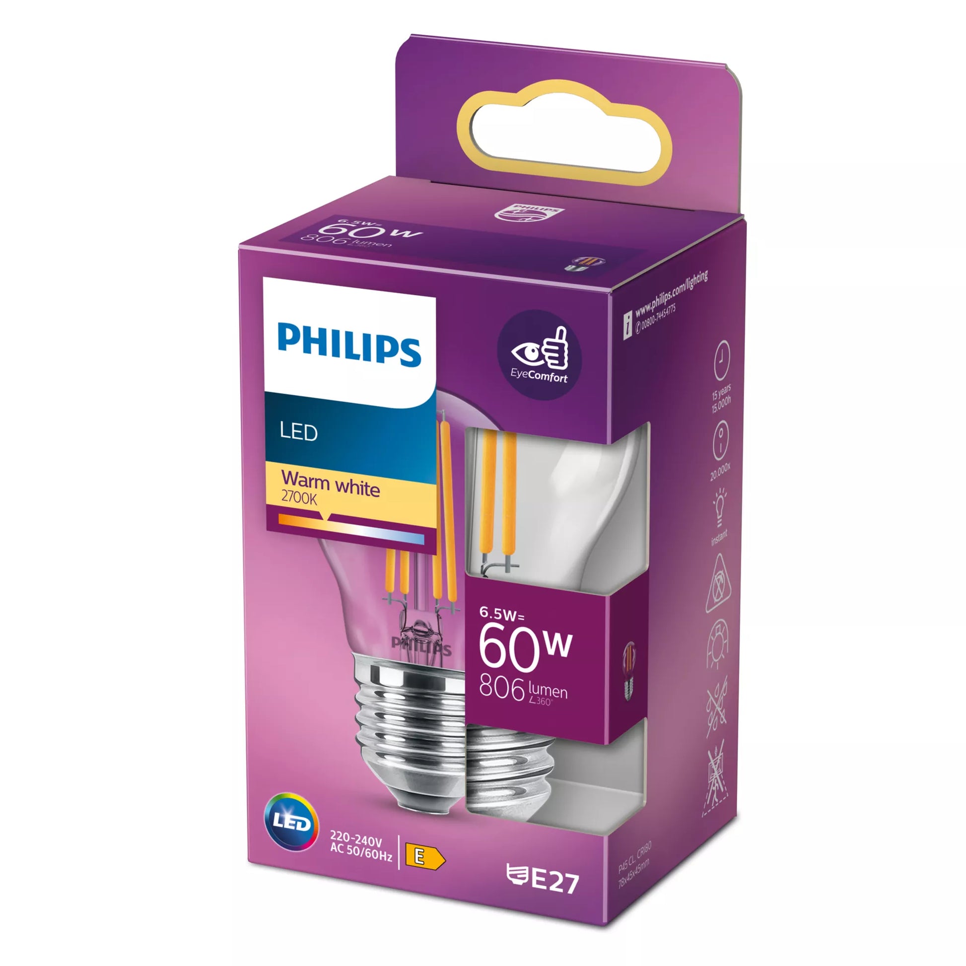 Philips by Signify Philips LED-Leuchtmittel E27 P45 – Warmweiss 2700 K, 806 lm, 6,5 W – IP20 – 1 Stk. – Transparent, Glas