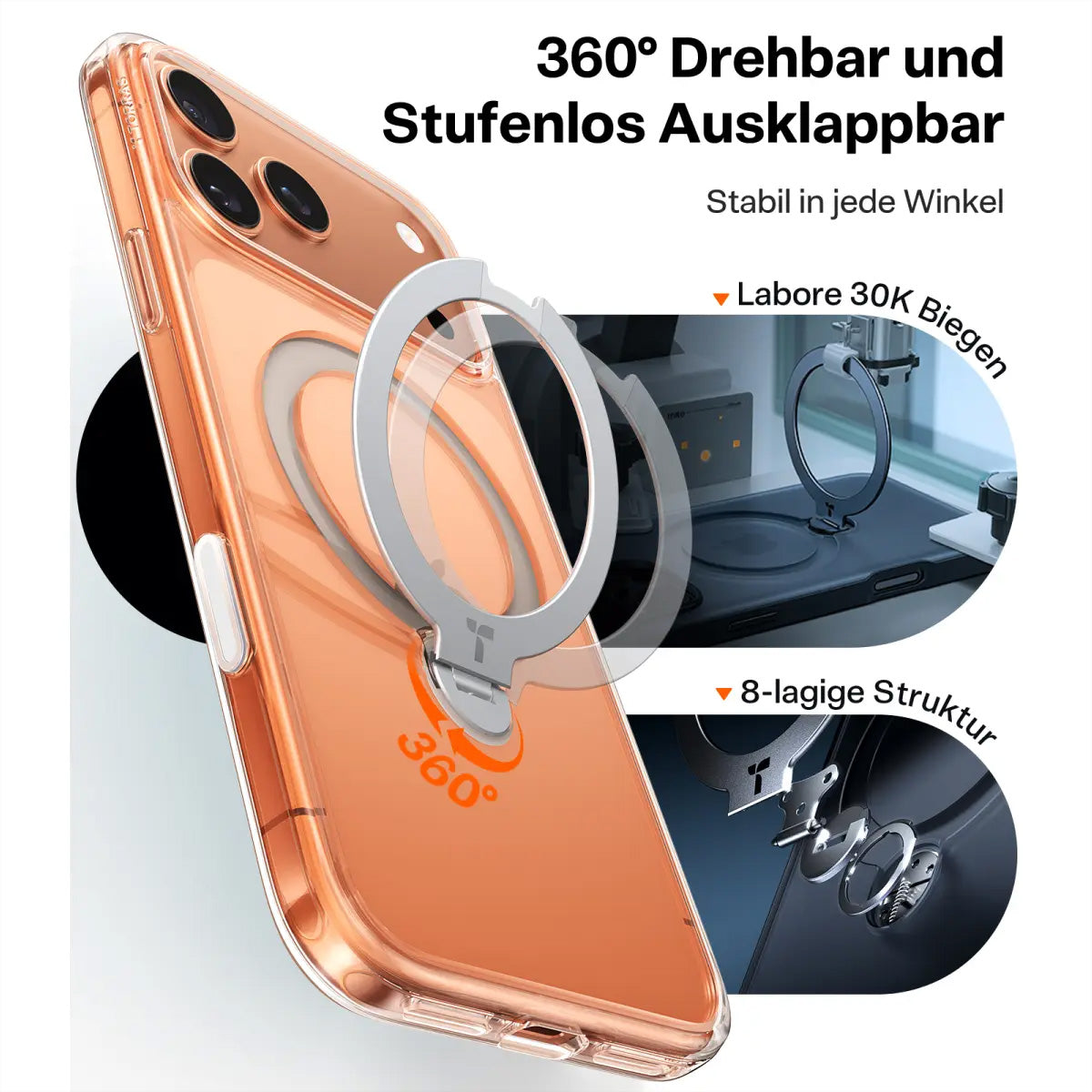 Torras Ostand 360 Backcover – für Apple iPhone 17 Pro Max, MagSafe, mit Ständer, PC+TPU, Transparent