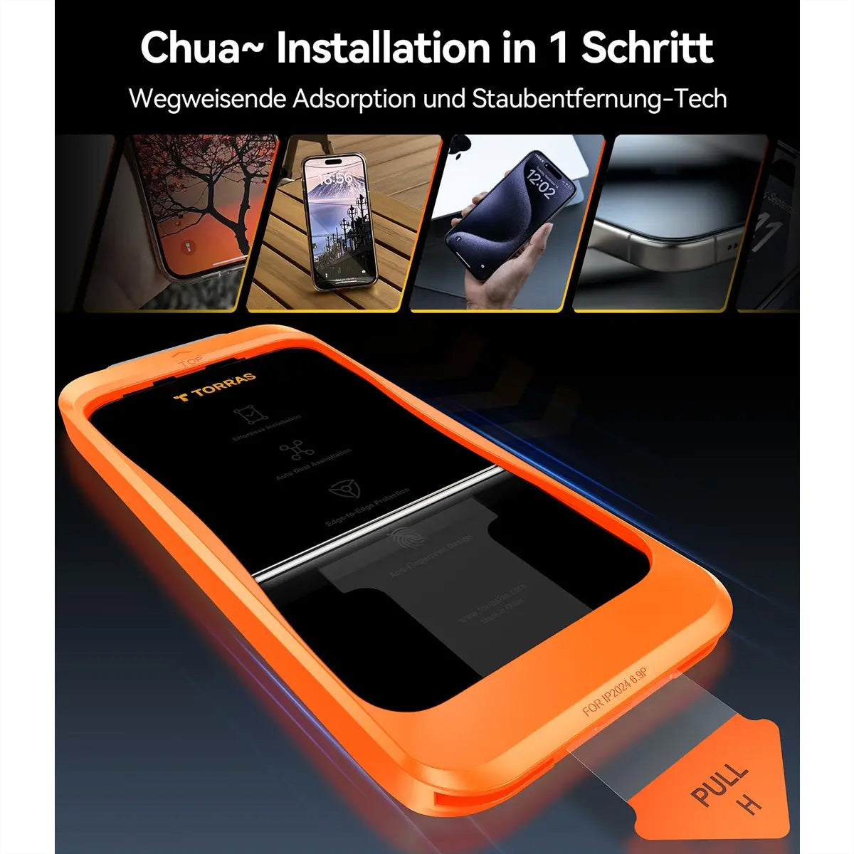 Torras Displayschutz (Panzerglas), fettabweisend – für iPhone 16 – mit Applikator
