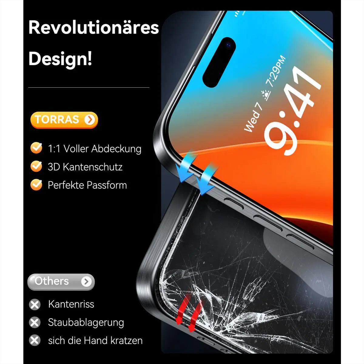 Torras Displayschutz (Panzerglas), fettabweisend – für iPhone 16 – mit Applikator