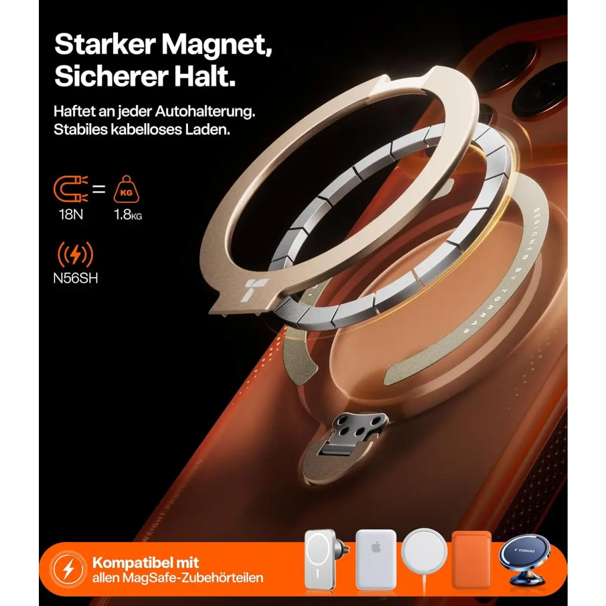 Torras Ostand Q3 Air Backcover – für Apple iPhone 17 Pro Max, MagSafe, mit Ständer, Kunststoff, Orange