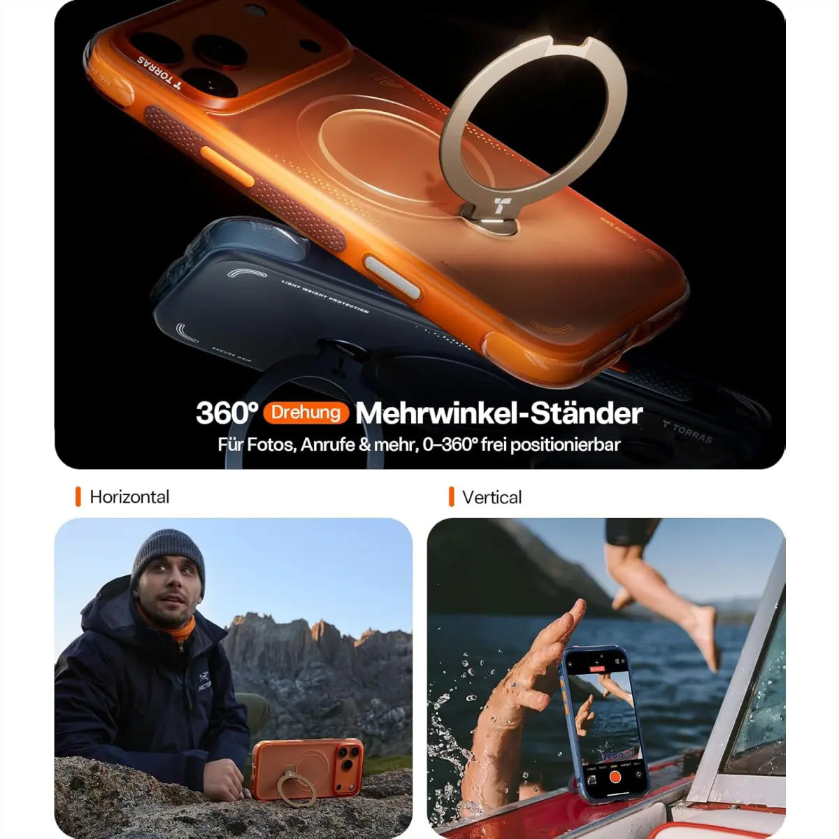 Torras Ostand Q3 Air Backcover – für Apple iPhone 17 Pro Max, MagSafe, mit Ständer, Kunststoff, Orange