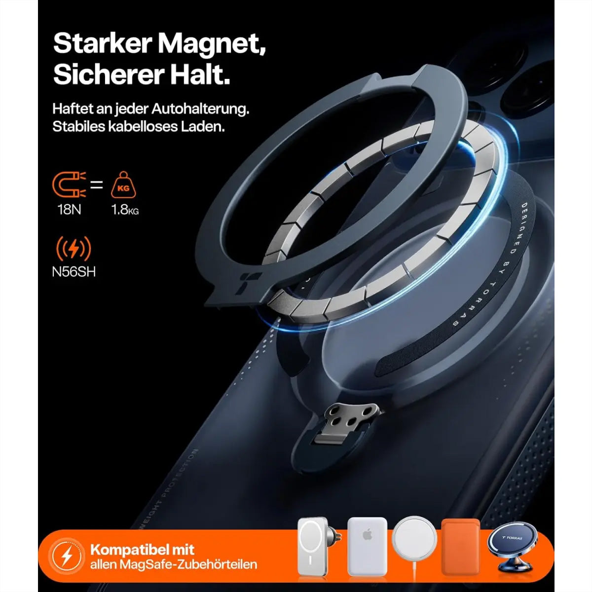 Torras Ostand Q3 Air Backcover – für Apple iPhone 16 Pro Max, MagSafe, mit Ständer, Kunststoff, Blau