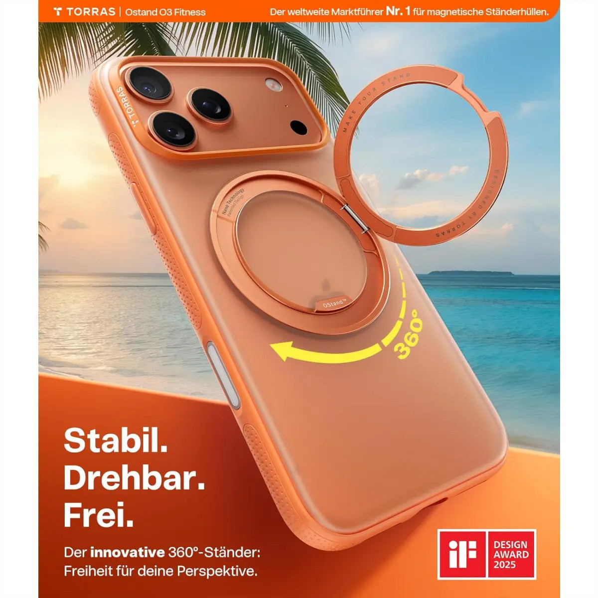 Torras UPRO Ostand Pro – Rückcover – für Apple iPhone 17 Pro Max, MagSafe, mit Ständer, Kunststoff, Orange