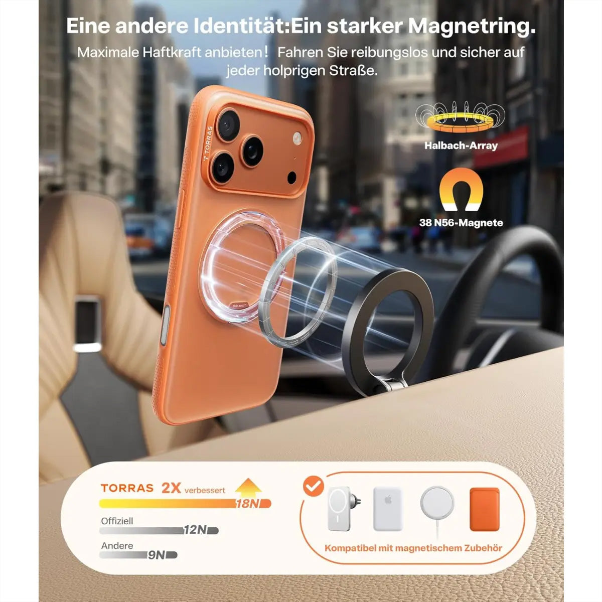 Torras UPRO Ostand Pro – Rückcover – für Apple iPhone 17 Pro Max, MagSafe, mit Ständer, Kunststoff, Orange