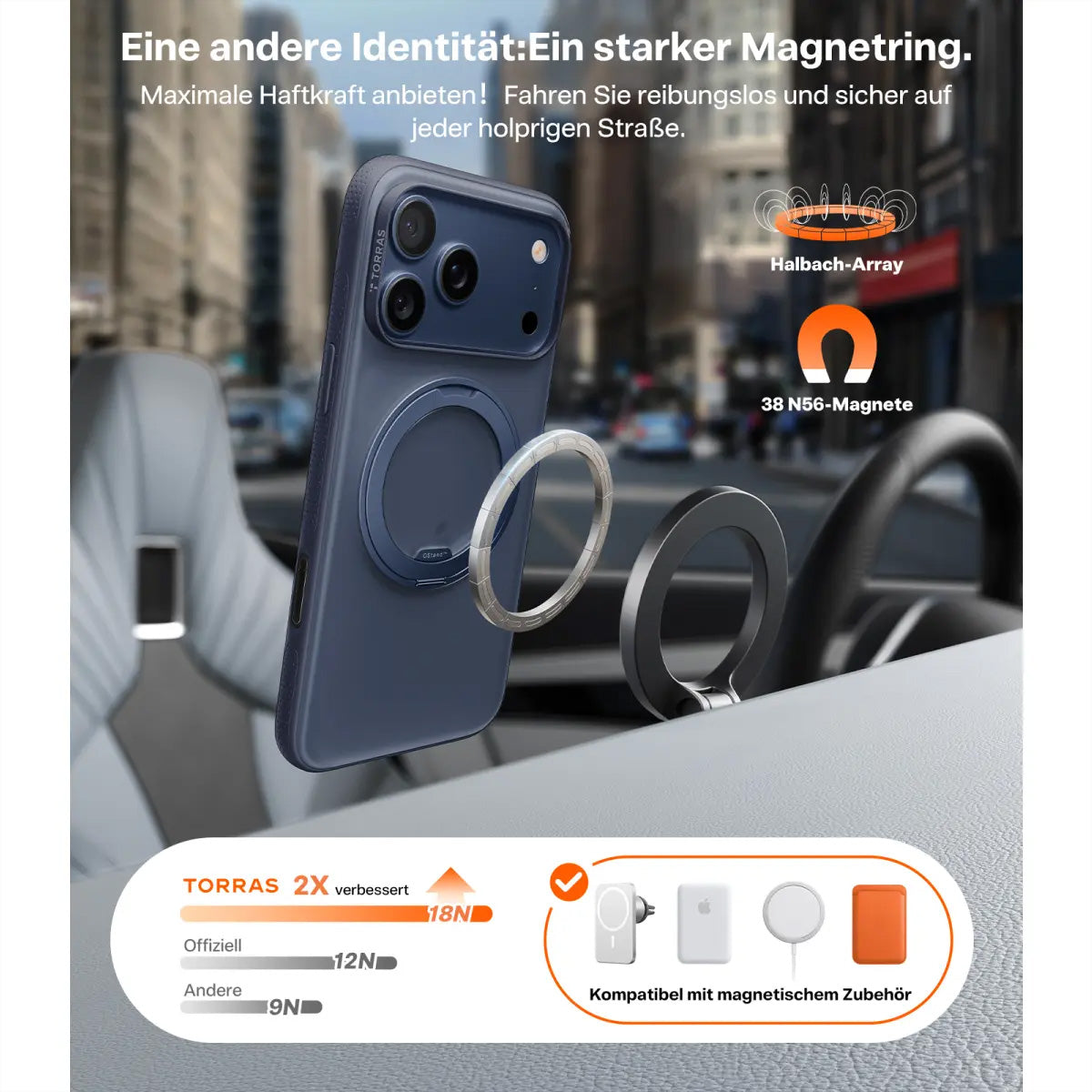 Torras Ostand R Fitness Backcover – für Apple iPhone 17 Pro Max, PC+TPU, schwarz, 360° Ringhalter