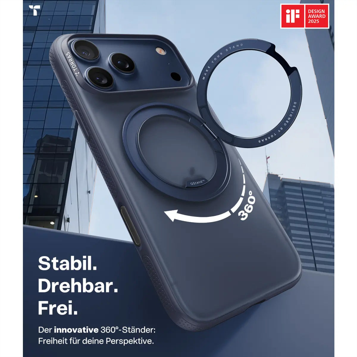 Torras Ostand R Fitness Backcover – für Apple iPhone 17 Pro Max, PC+TPU, schwarz, 360° Ringhalter