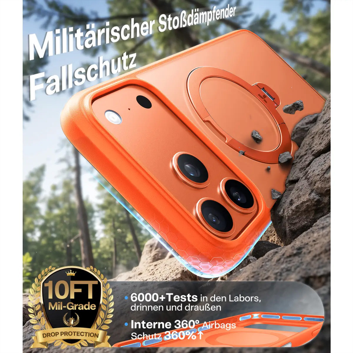 Torras Ostand 360 – Rückcover – für Apple iPhone 17 Pro, MagSafe, mit Ständer, PC+TPU, Orange