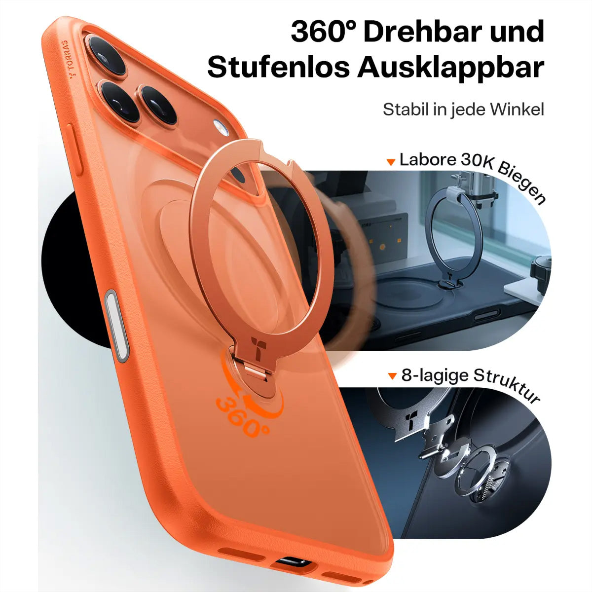 Torras Ostand 360 – Rückcover – für Apple iPhone 17 Pro, MagSafe, mit Ständer, PC+TPU, Orange