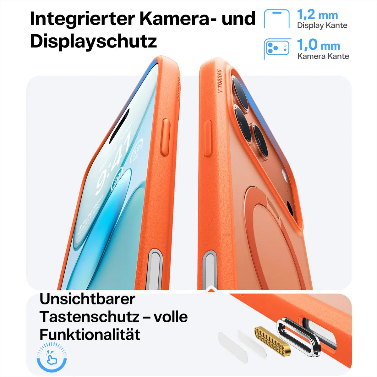 Torras Ostand 360 – Rückcover – für Apple iPhone 17 Pro, MagSafe, mit Ständer, PC+TPU, Orange