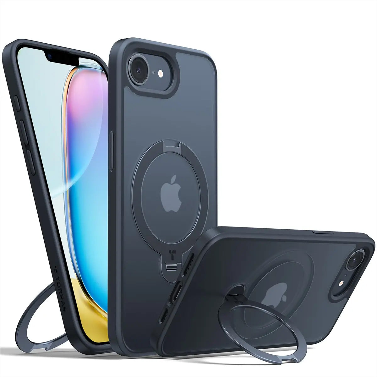 Torras Ostand 360 Spin – Backcover – für Apple iPhone 16e, MagSafe, 360° Ringhalter, PC+TPU, Schwarz