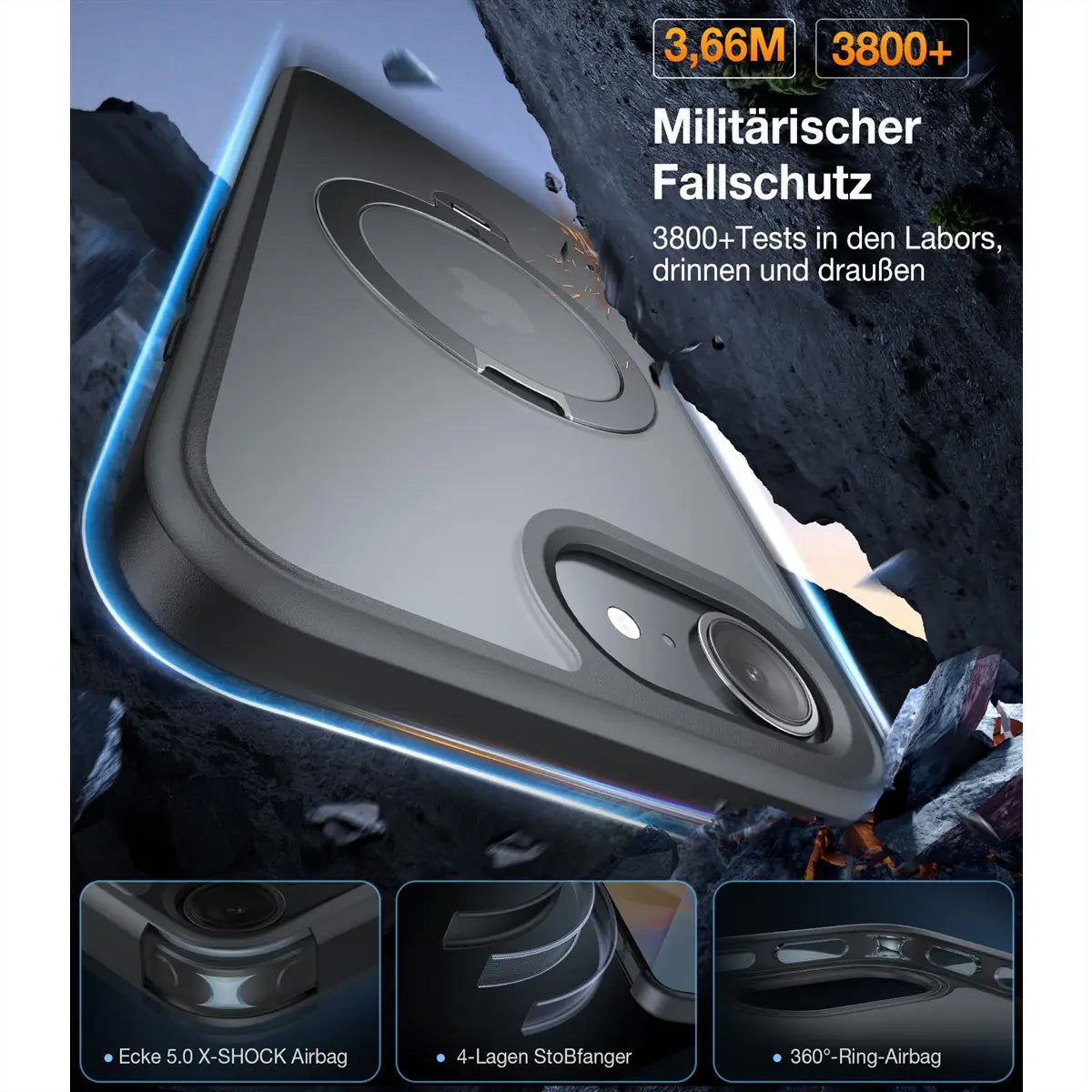 Torras Ostand 360 Spin – Backcover – für Apple iPhone 16e, MagSafe, 360° Ringhalter, PC+TPU, Schwarz