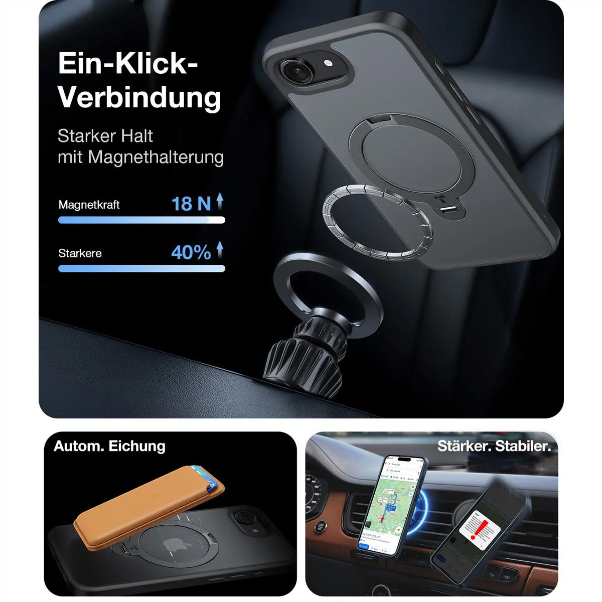 Torras Ostand 360 Spin – Backcover – für Apple iPhone 16e, MagSafe, 360° Ringhalter, PC+TPU, Schwarz
