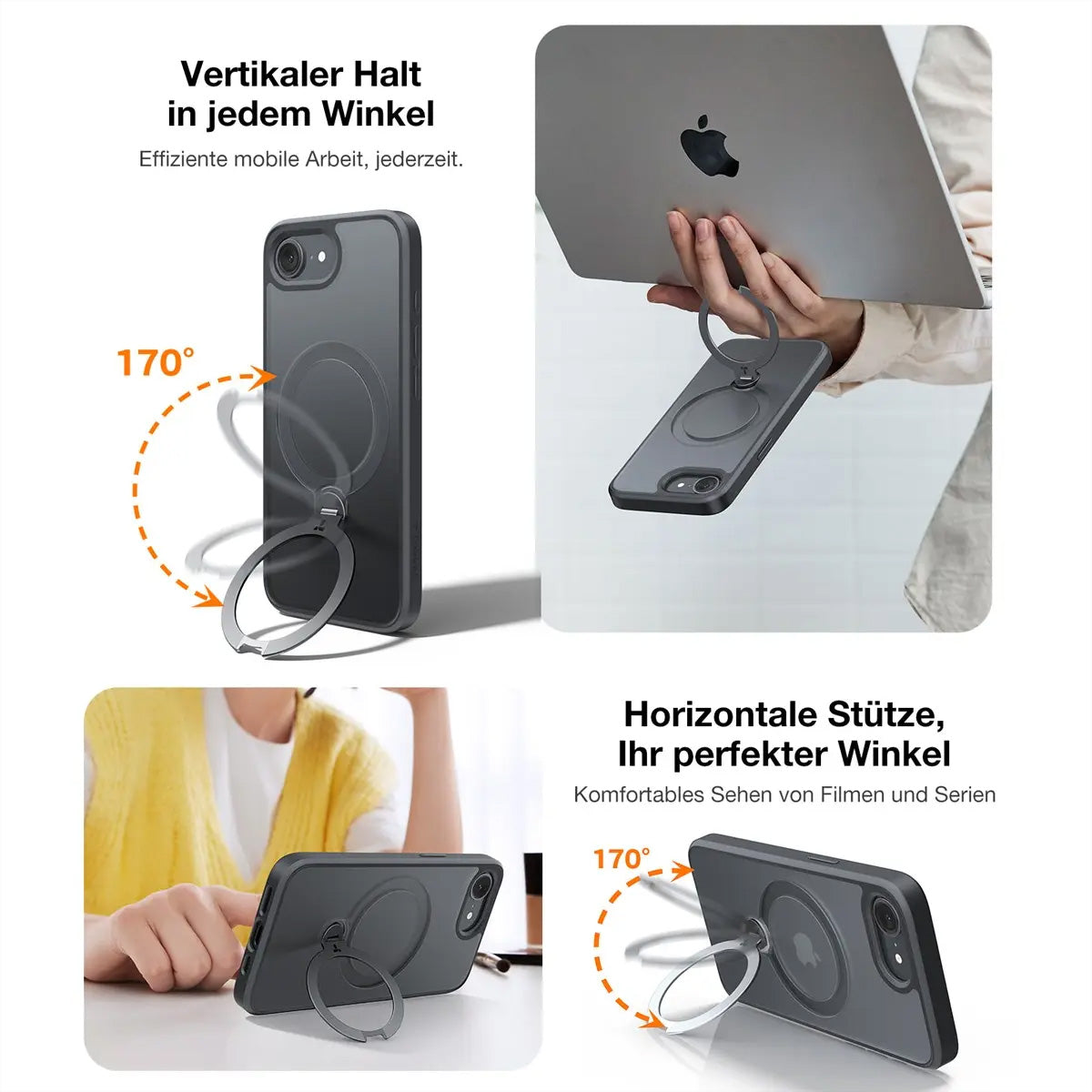 Torras Ostand 360 Spin – Backcover – für Apple iPhone 16e, MagSafe, 360° Ringhalter, PC+TPU, Schwarz