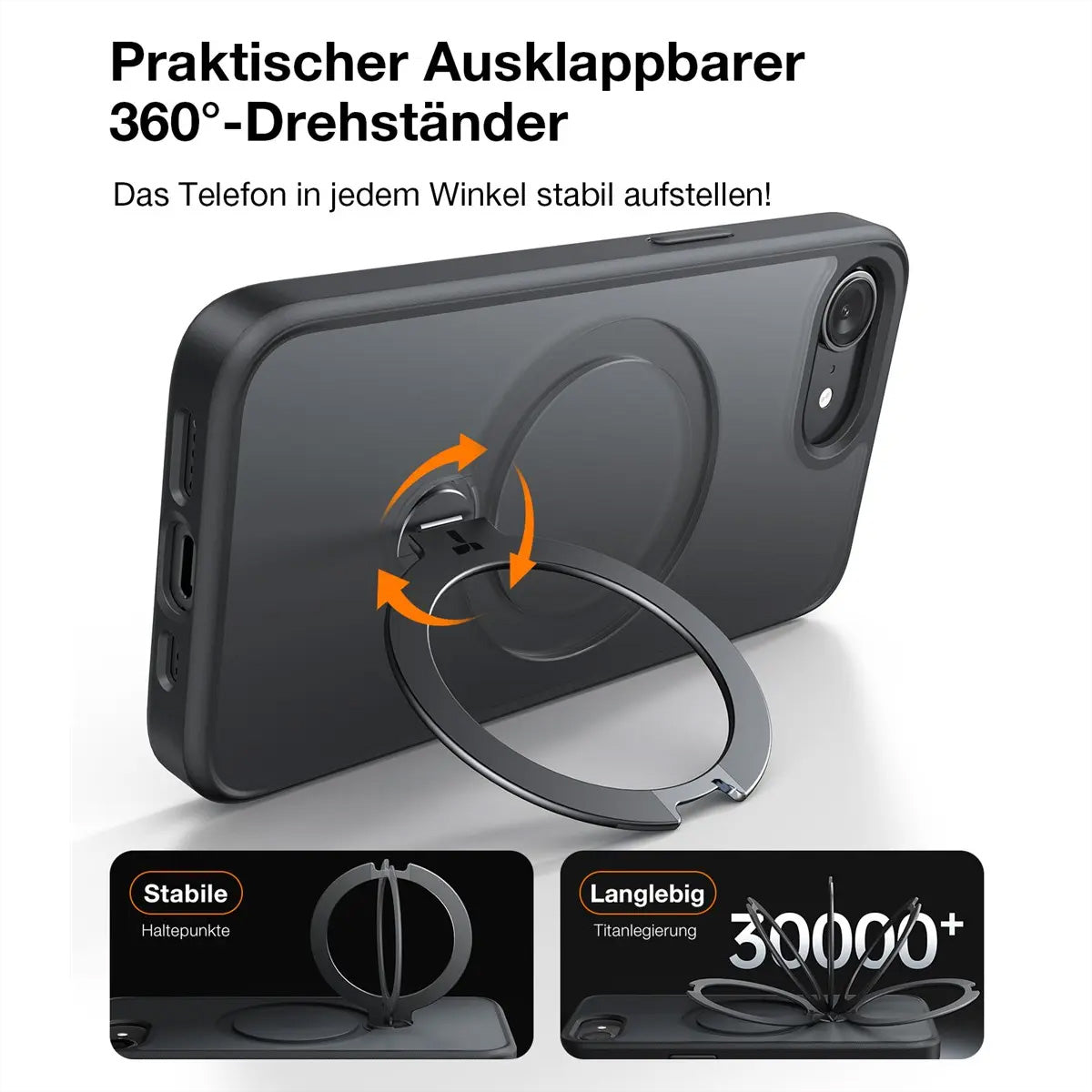 Torras Ostand 360 Spin – Backcover – für Apple iPhone 16e, MagSafe, 360° Ringhalter, PC+TPU, Schwarz