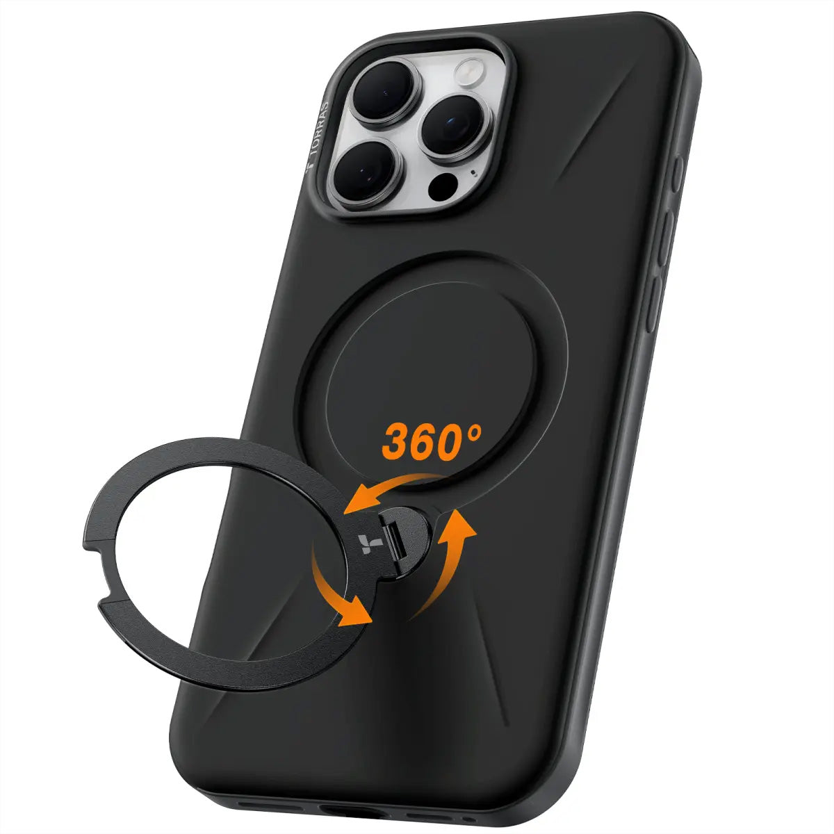 Torras Ostand 360 Spin Fusion Backcover – für Apple iPhone 16 Pro Max, MagSafe, mit Ständer, PC+TPU, Schwarz