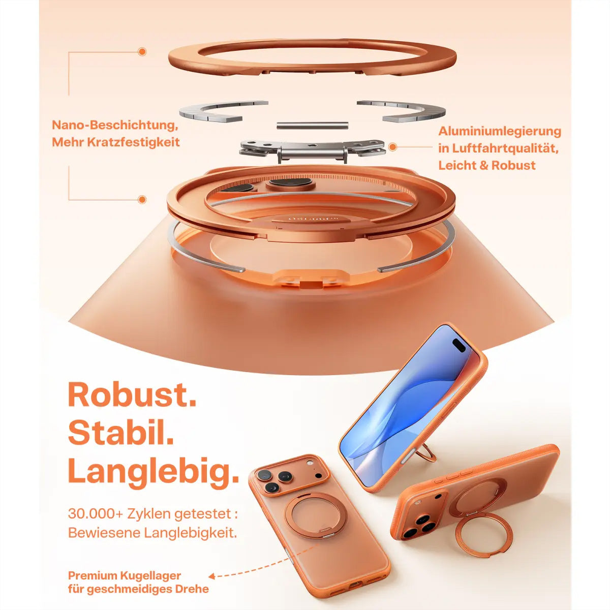 Torras Ostand R Fitness Backcover – für Apple iPhone 17 Pro, MagSafe, mit Ständer, PC+TPU, Orange, Ringhalter