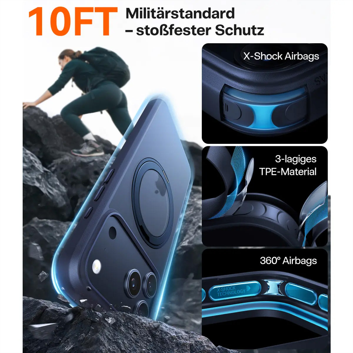 Torras Backcover – für Apple iPhone 17 Pro Max, MagSafe, mit Ständer, PC+TPU, Blau