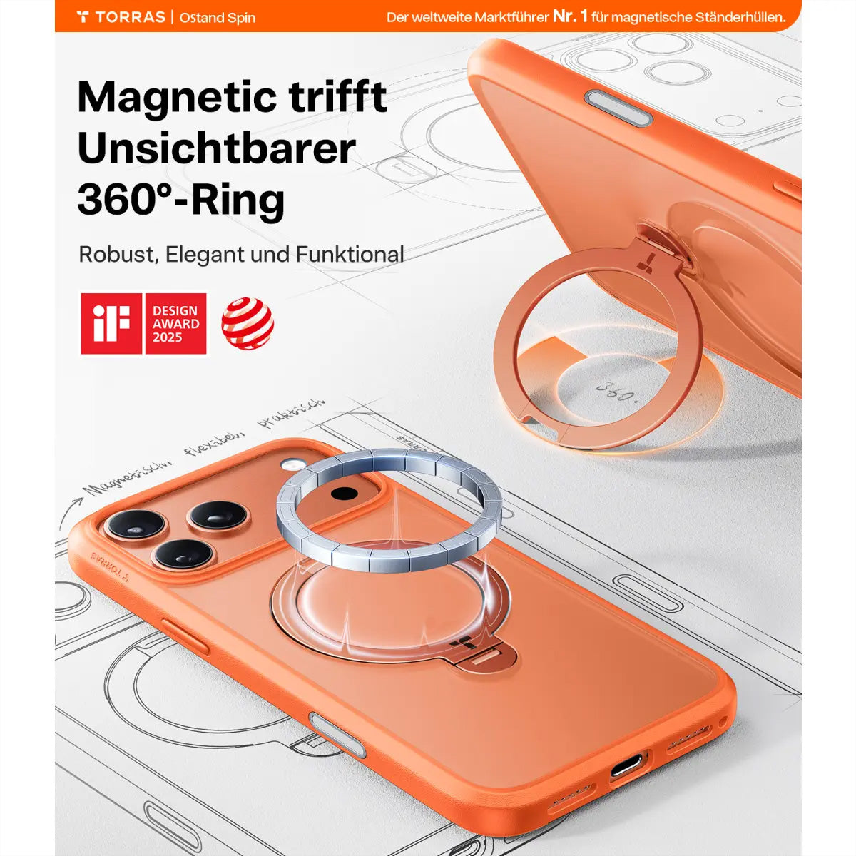 Torras UPRO Ostand Spin Backcover – für Apple iPhone 17 Pro Max, MagSafe, mit Ständer, PC+TPU, Orange
