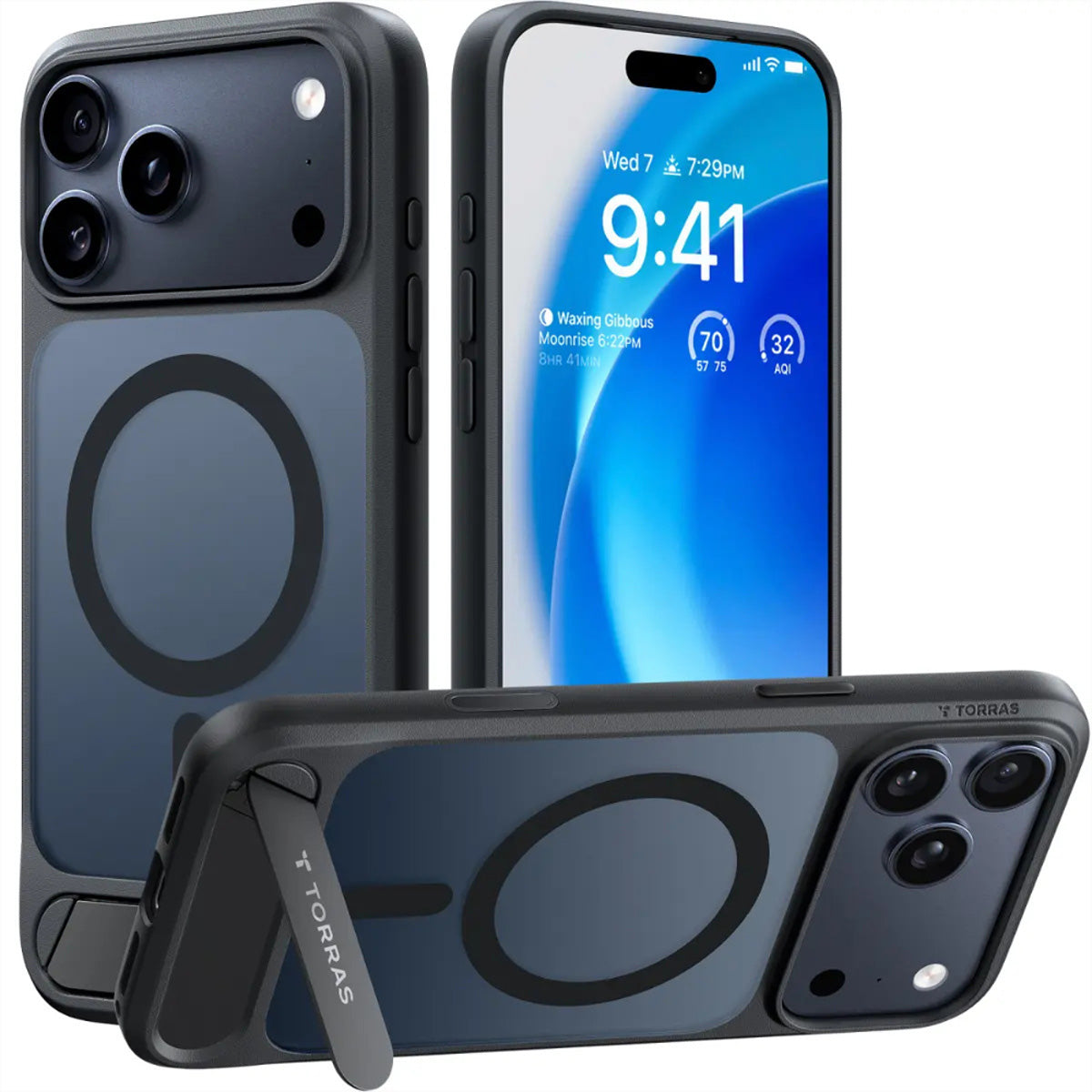 Torras Pstand Spin Backcover – für Apple iPhone 17 Pro, MagSafe, mit Ständer, PC+TPU, Schwarz