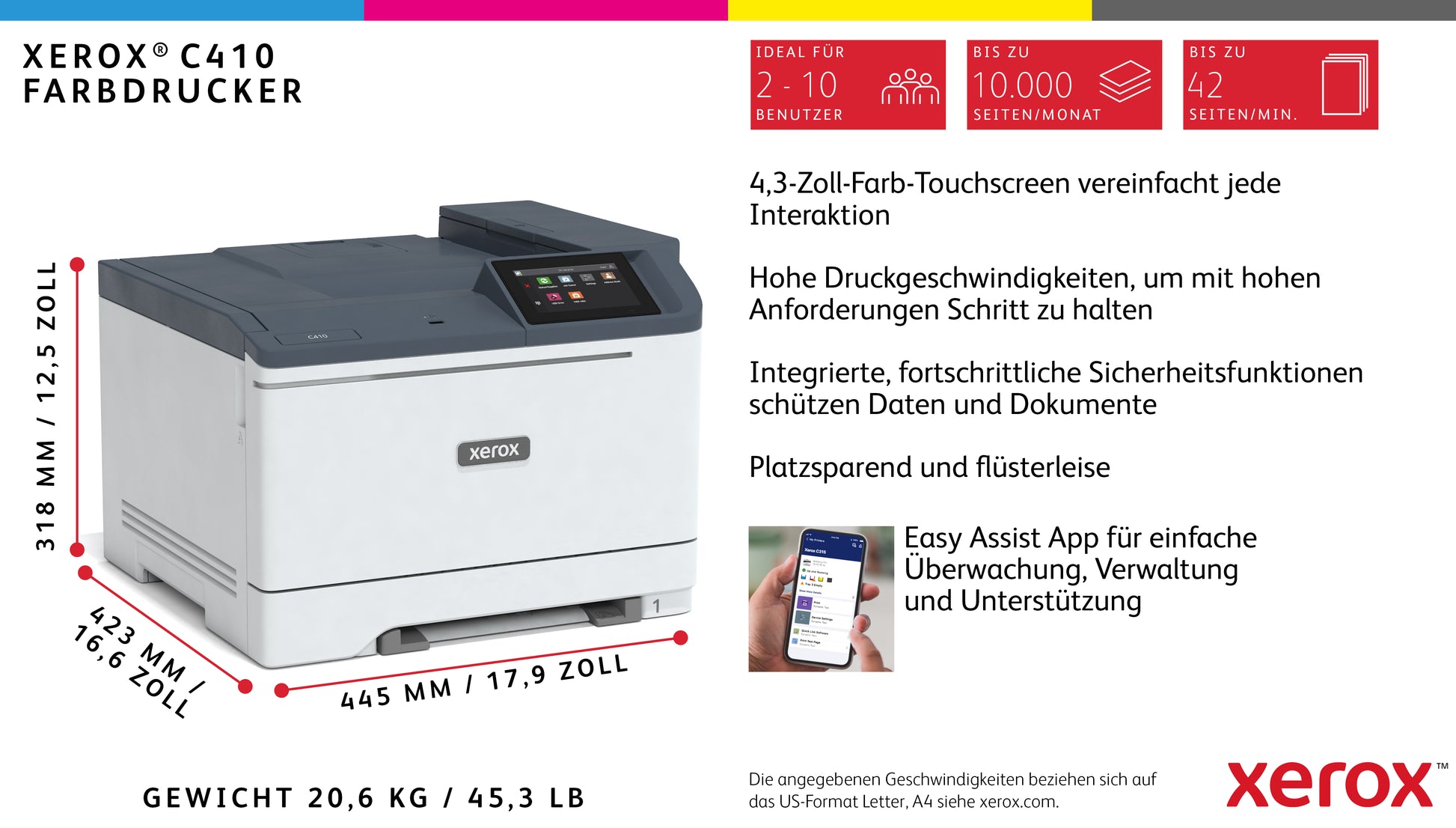 Xerox C410 – A4, 40 Seiten/Min, 1200 × 1200 dpi, USB