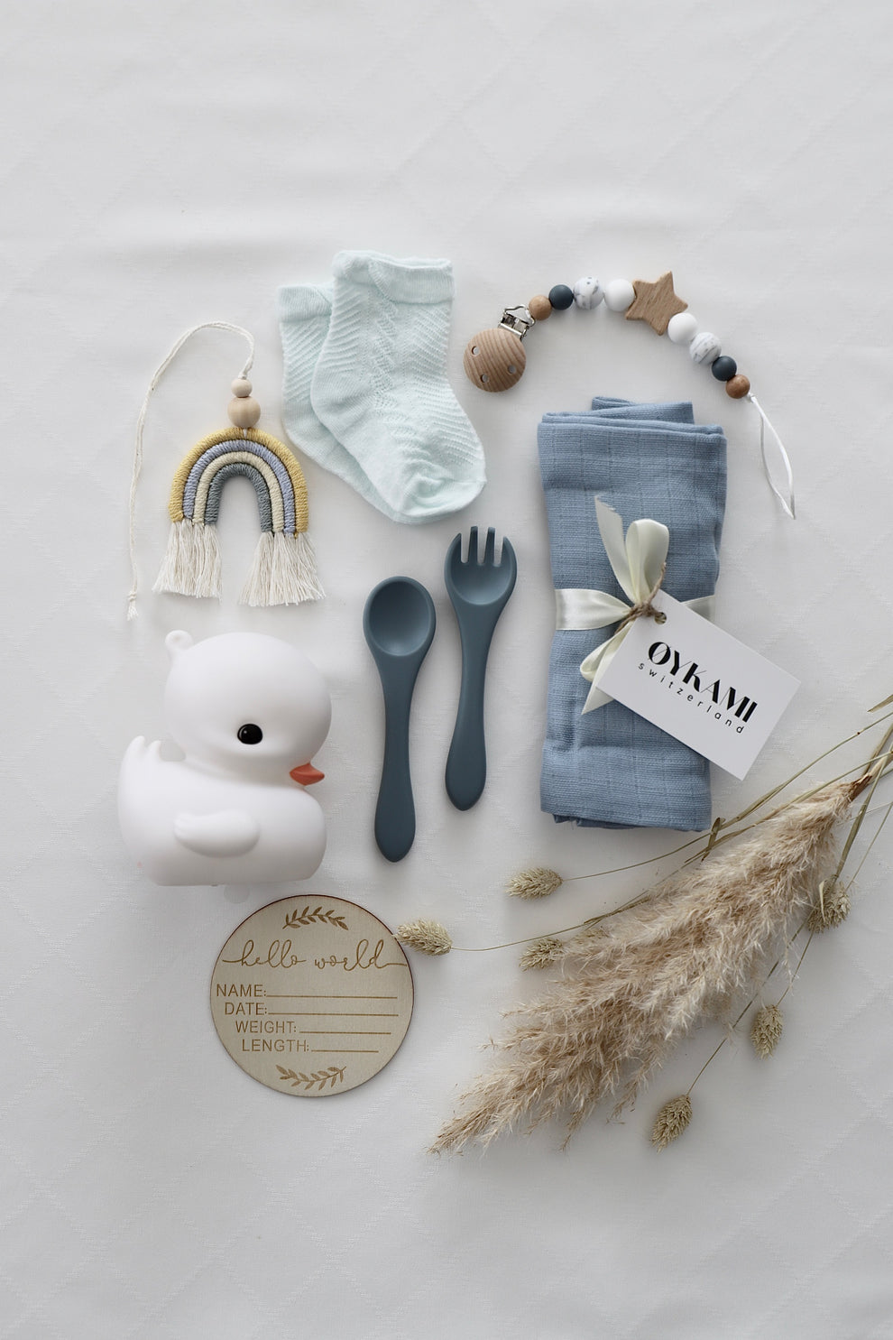 OYKAMI Geschenkbox – Organische Baumwolle, Holz – Blau, Weiss
