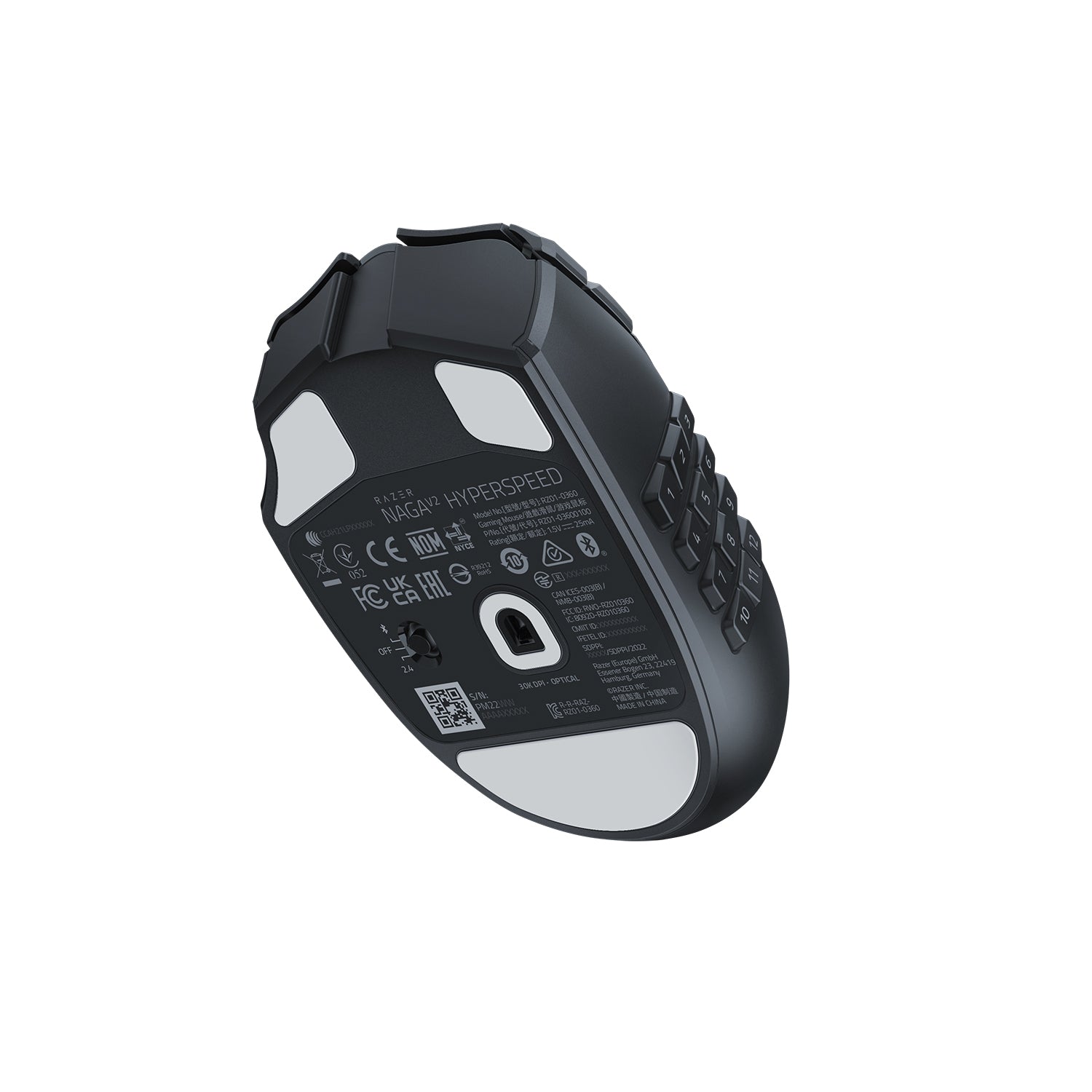 Razer Naga V2 HyperSpeed – Gaming-Maus – Kabellos (Bluetooth/2,4 GHz), 30000 DPI, Rechts, Schwarz