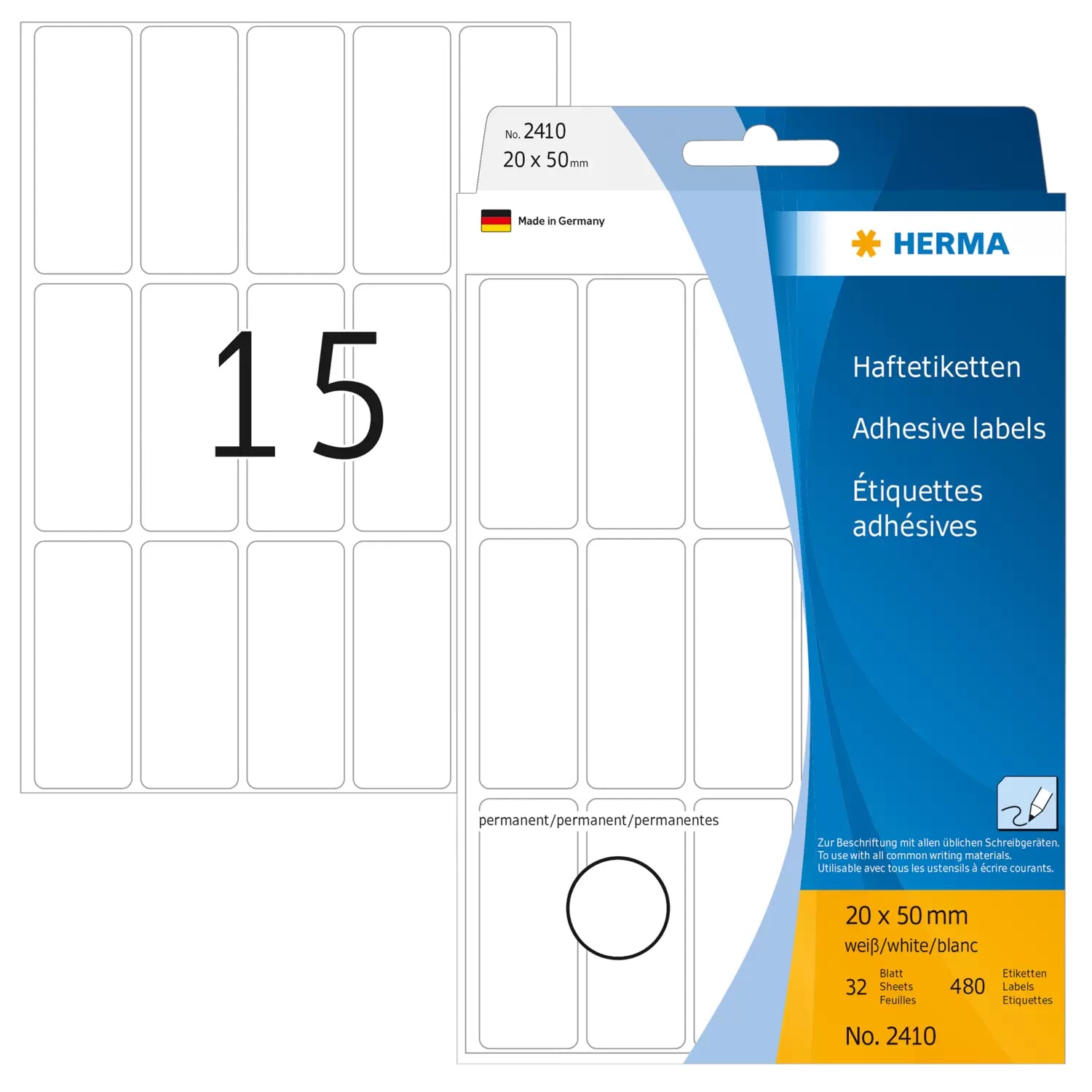 HERMA Schuletiketten – 20 × 50 mm, Abgerundete Ecken, 480 Stk, 32 Bogen, Papier, Permanent Haftend