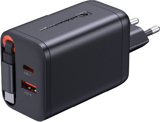 M. Schönenberger Schönenberger 24.11067SZ USB-Ladegerät 67 W – USB-C×2 – PD 3.0, GaN – Integriertes 0,7 m USB-C-Kabel – Schwarz