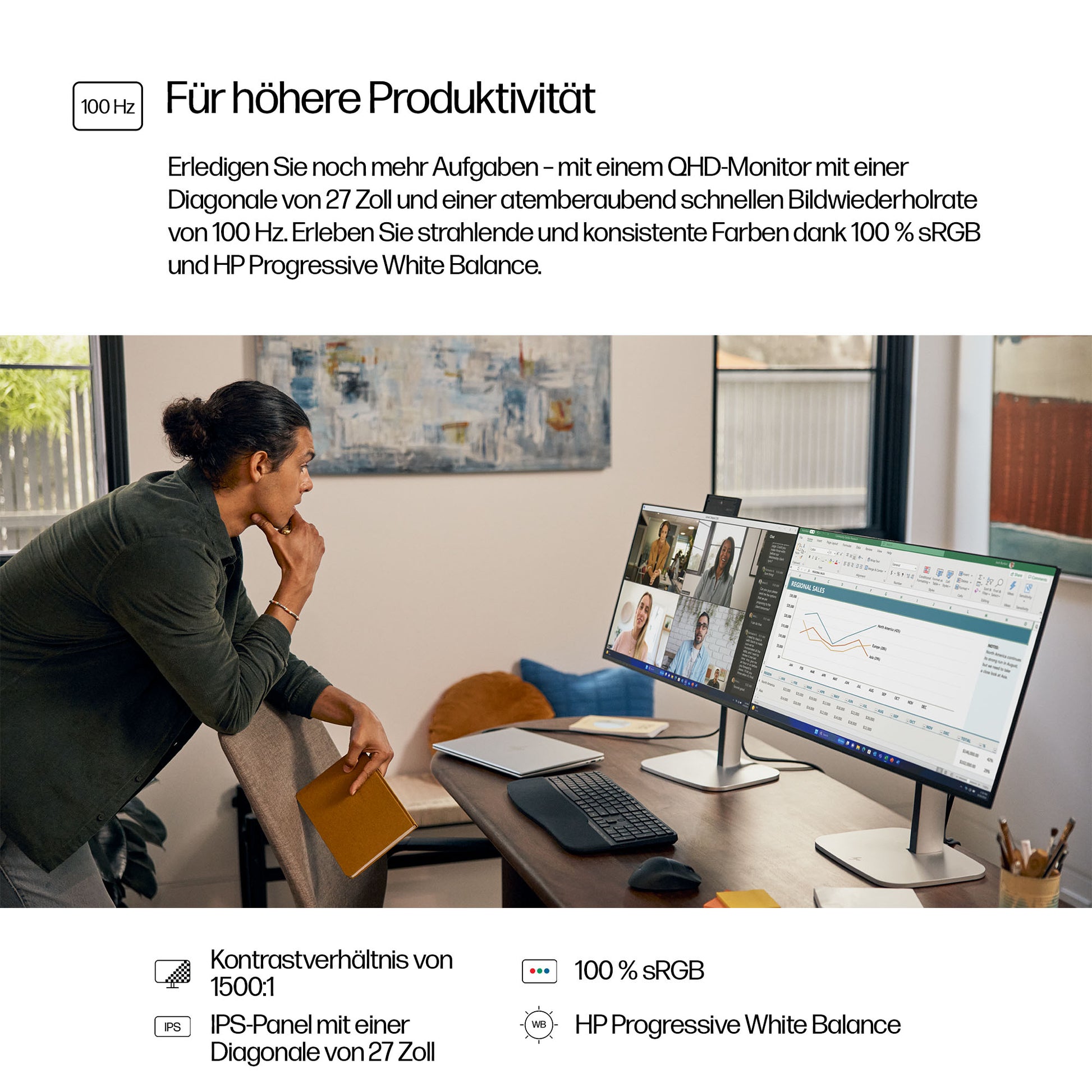 HP 527PQ – Monitor, 27", 2560 × 1440 (WQHD), IPS, 100 Hz, 350 cd/m², DisplayPort, HDMI, USB