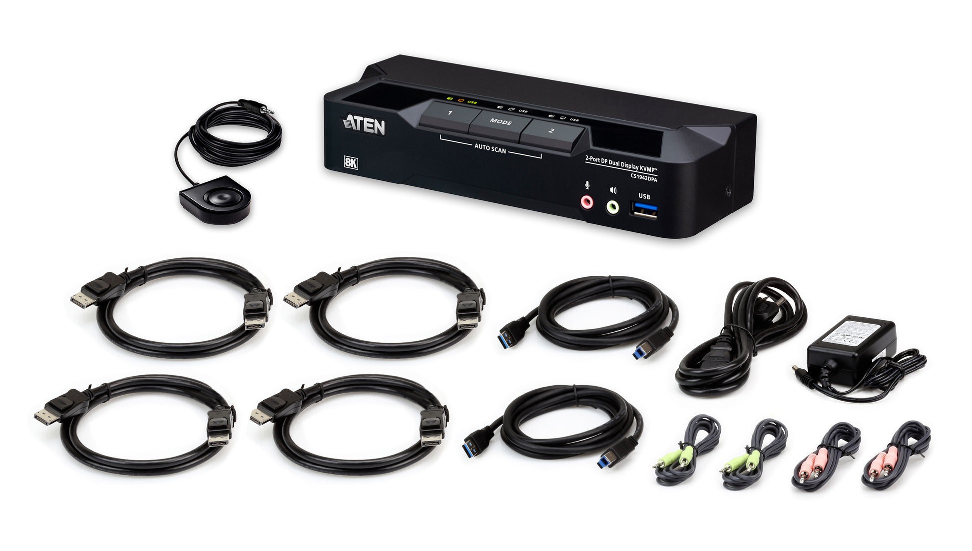 ATEN 2-Port DP Dual-View KVM-Switch – 7680 × 4320/60 Hz, USB 3.0-Hub, Audio